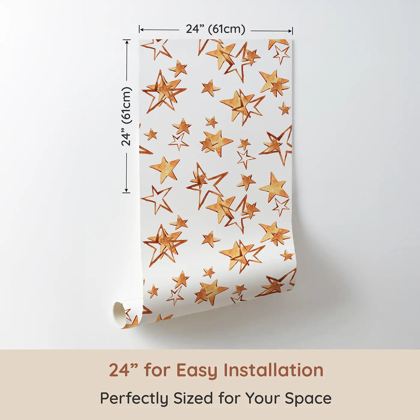 Dimension view of Whimsy Tots Golden Star Scatter Wallpaper in White (W3372A). Printed in 24-inch-wide panel for easy installation. Hand-painted stars dance across a bright white sky in golden watercolor tones.