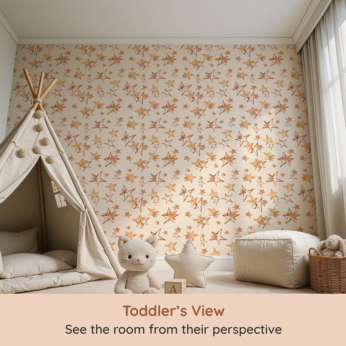 Whimsy Tots Golden Star Scatter Wallpaper in Cream (W3372C) from your child's view.Watercolor stars glow gently across a cozy cream sky.