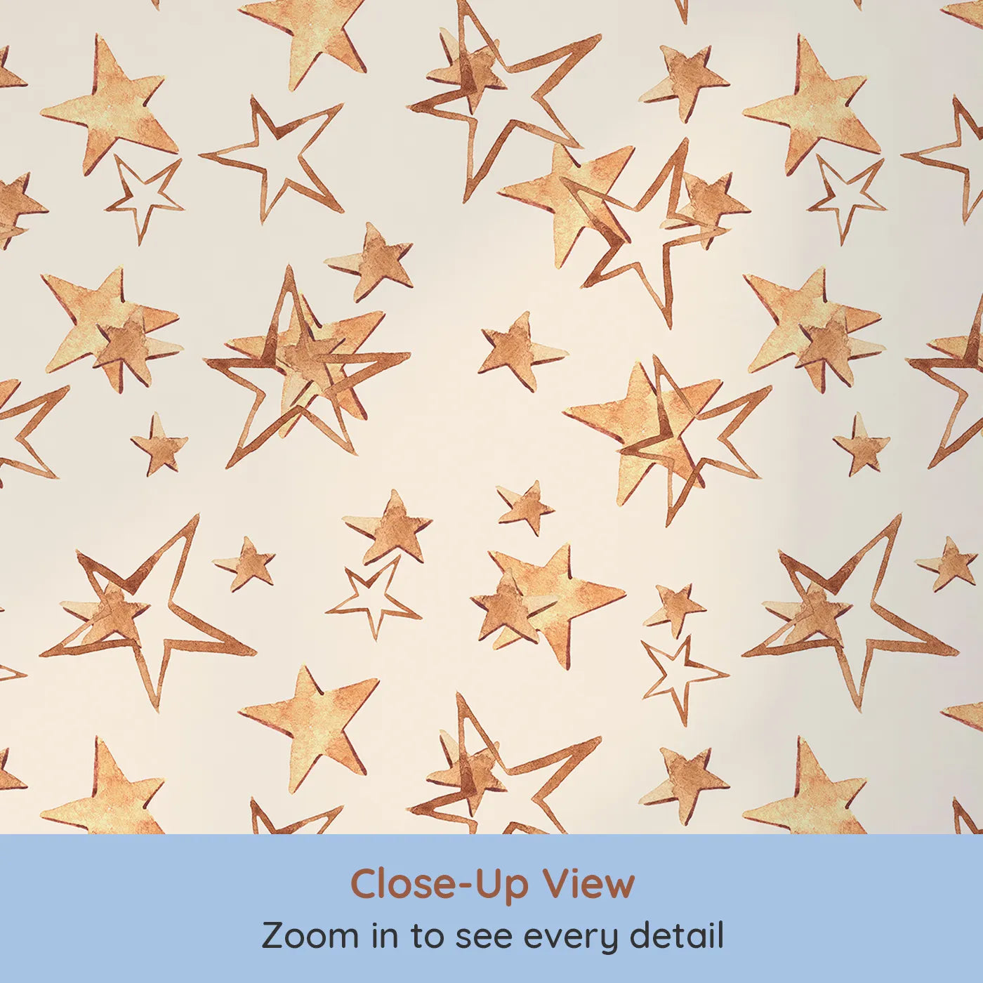 Close-up view of Whimsy Tots' Golden Star Scatter Wallpaper in Cream (W3372C).Watercolor stars glow gently across a cozy cream sky.