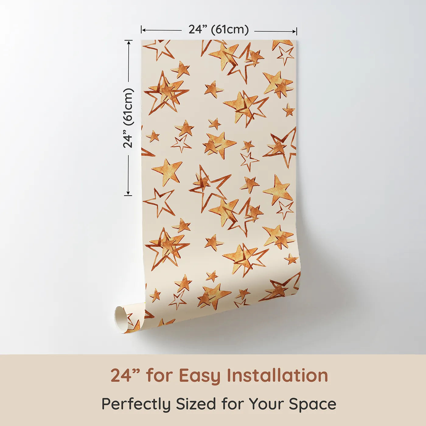 Dimension view of Whimsy Tots Golden Star Scatter Wallpaper in Cream (W3372C). Printed in 24-inch-wide panel for easy installation. Watercolor stars glow gently across a cozy cream sky.