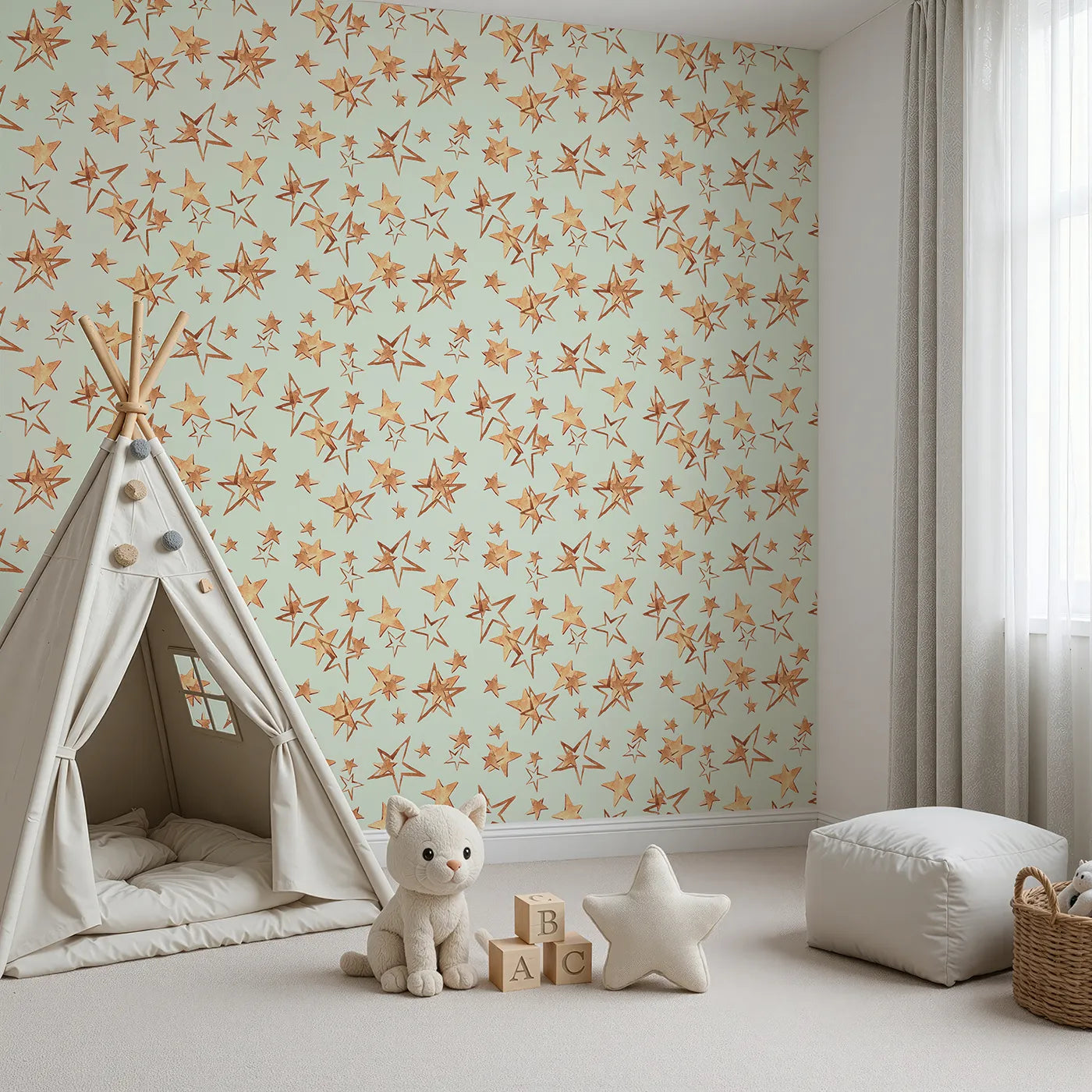 Angled view of Whimsy Tots' Golden Star Scatter Wallpaper in Mint (W3372D).Golden stars twinkle gently on a fresh mint backdrop, full of calm and wonder.