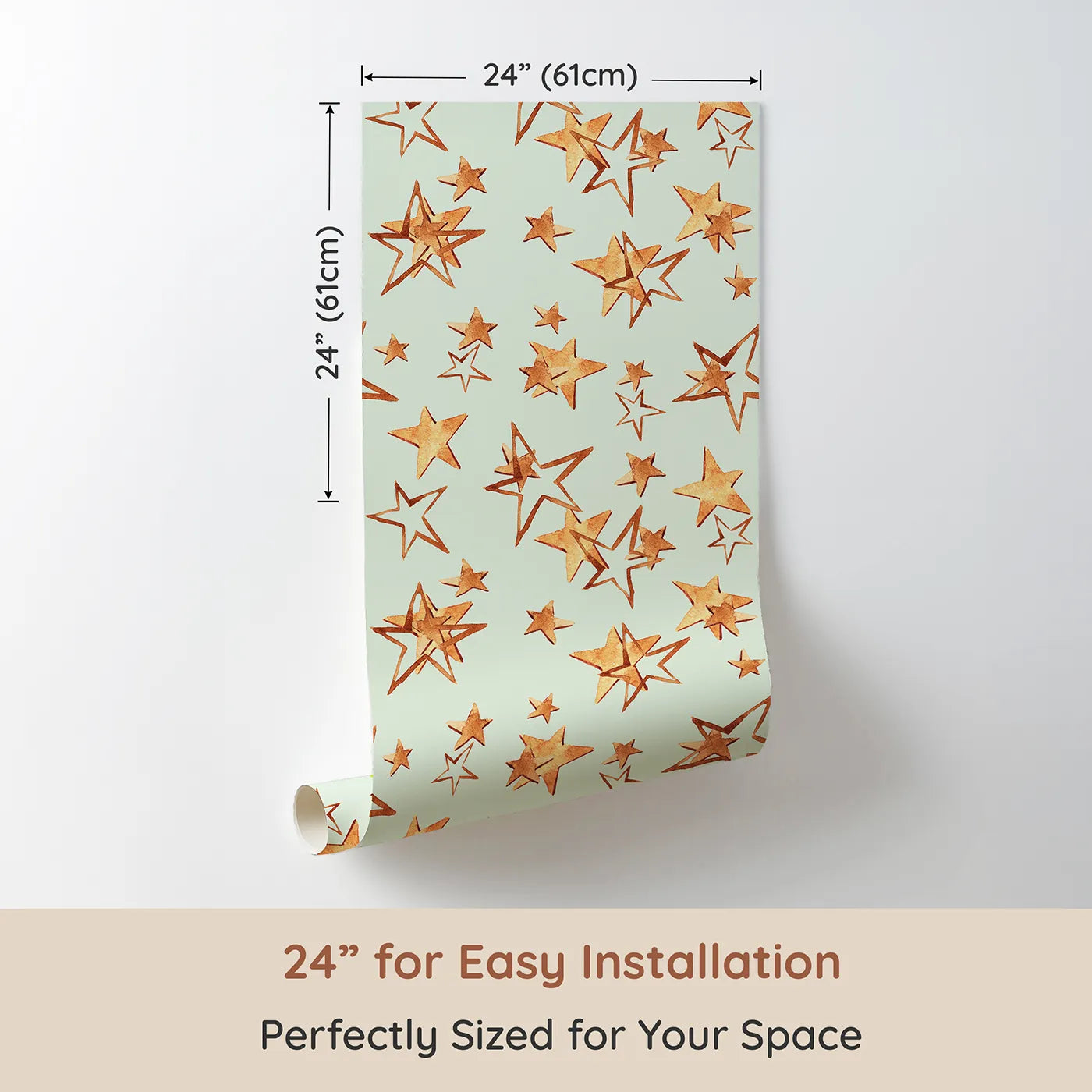 Dimension view of Whimsy Tots Golden Star Scatter Wallpaper in Mint (W3372D). Printed in 24-inch-wide panel for easy installation. Golden stars twinkle gently on a fresh mint backdrop, full of calm and wonder.