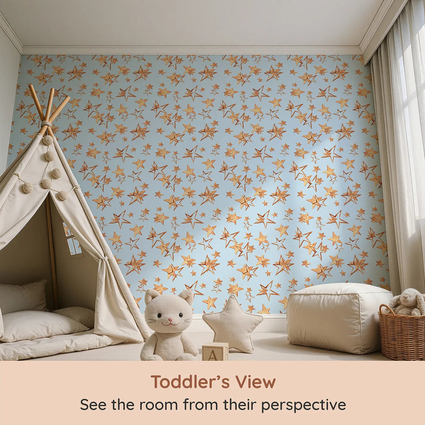 Whimsy Tots Golden Star Scatter Wallpaper in Sky Blue (W3372E) from your child's view.Warm golden stars scatter across a cheerful baby blue sky.