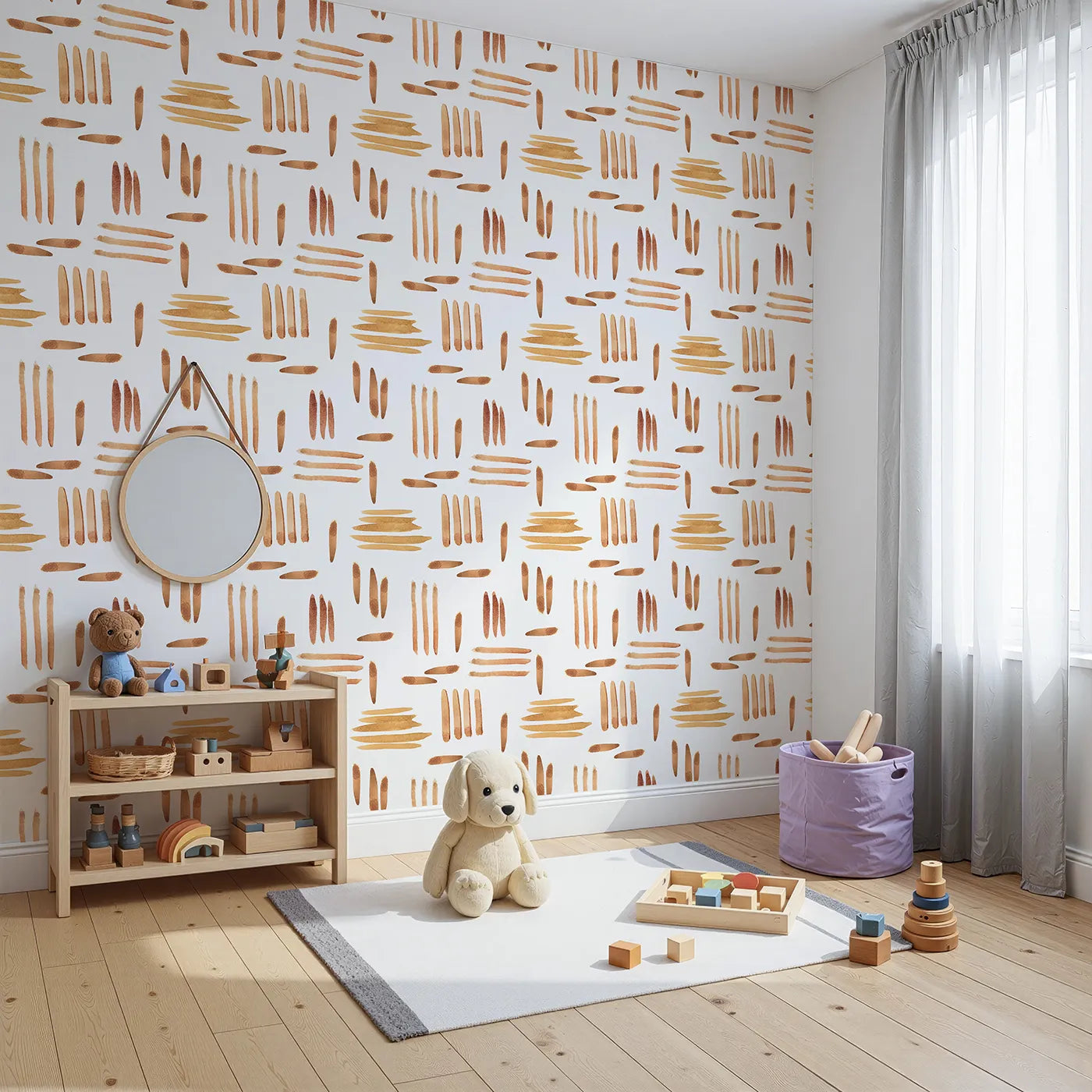 Angled view of Whimsy Tots' Painted Rhythm Wallpaper in White (W3373A).Soft watercolor brushstrokes form a soothing rhythm across a clean white sky.