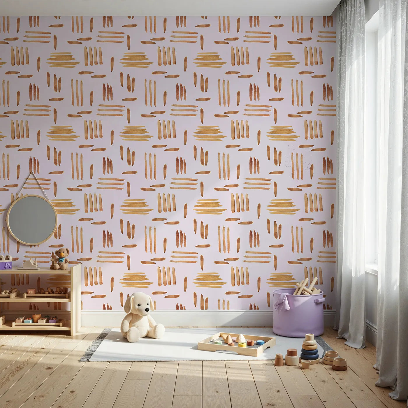 Front view of Whimsy Tots' Painted Rhythm Wallpaper in Blush Pink