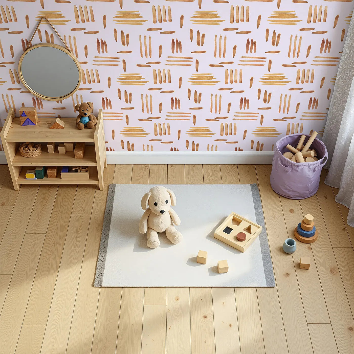 Top-Down view of Whimsy Tots' Painted Rhythm Wallpaper in Blush Pink (W3373B).Earthy brushstrokes dance gently across a soft pink sky.