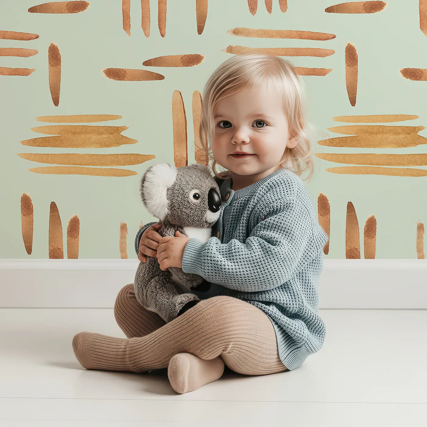 Lovely child standing in front of Whimsy Tots Painted Rhythm Wallpaper in Mint Green with line, brushstroke in design.