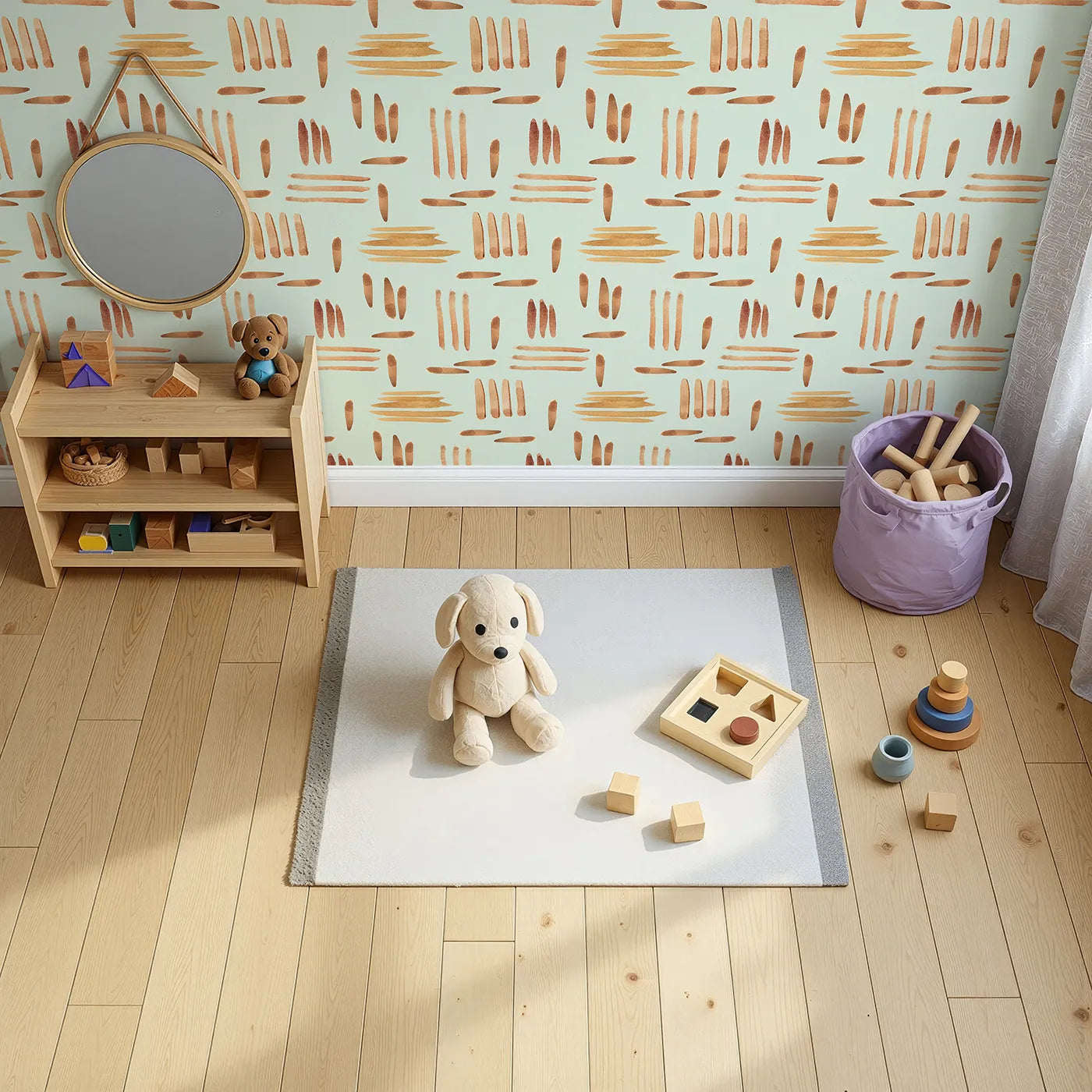 Top-Down view of Whimsy Tots' Painted Rhythm Wallpaper in Mint Green (W3373D).Golden brushstrokes dance gently across a pale mint green sky.
