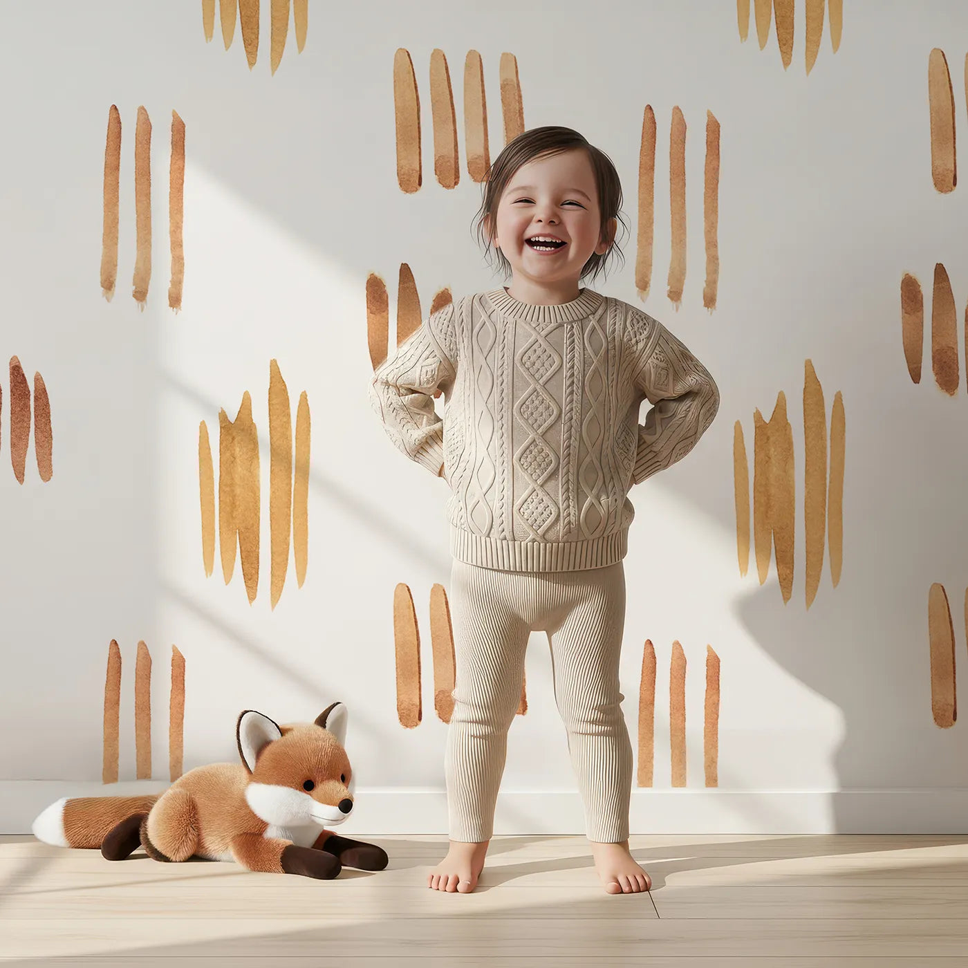 Lovely child standing in front of Whimsy Tots Painted Simplicity Wallpaper in White with line, brushstroke in design.