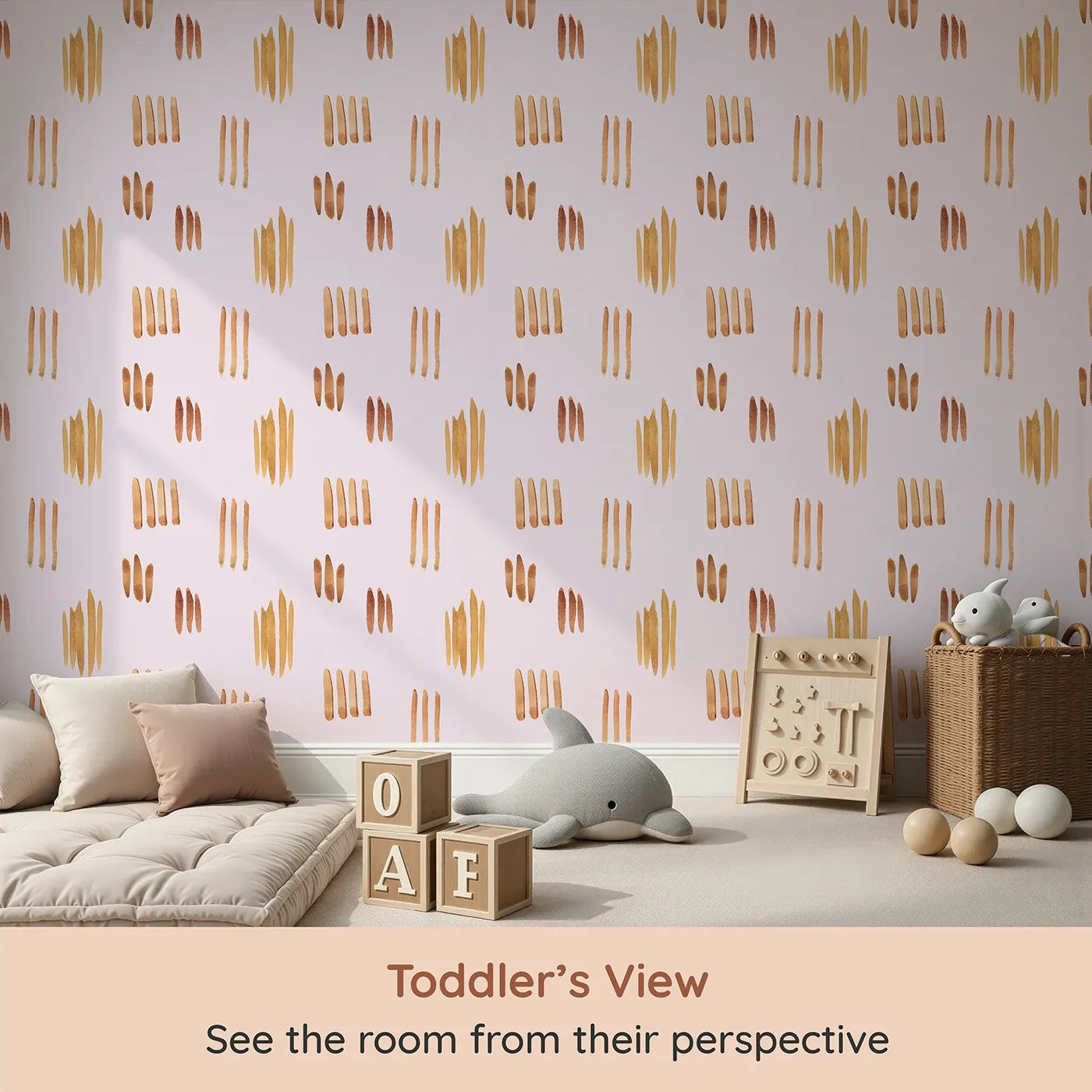 Whimsy Tots Painted Simplicity Wallpaper in Blush Pink (W3374B) from your child's view.Golden brushstrokes rest softly on a warm blush pink sky.