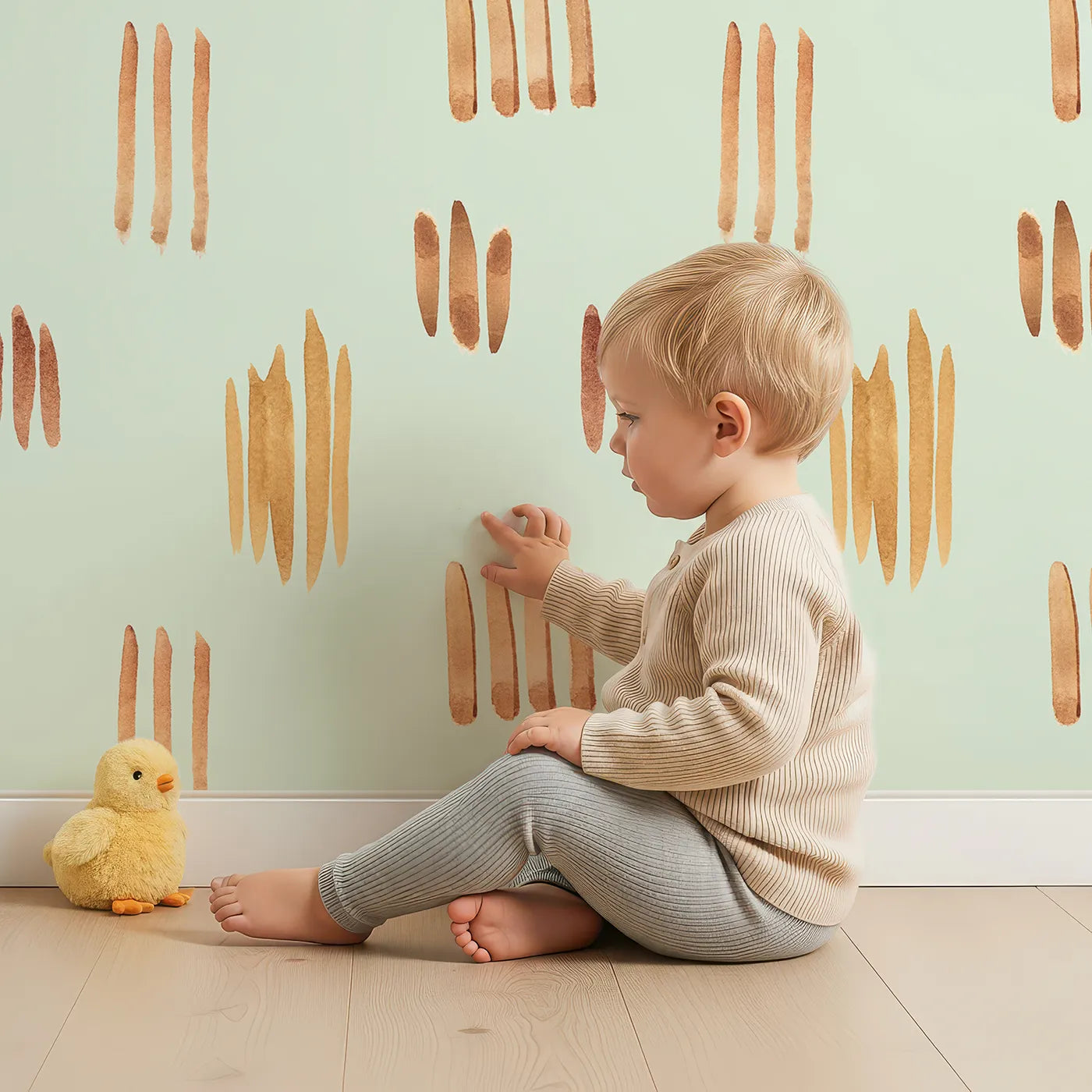 Lovely child standing in front of Whimsy Tots Painted Simplicity Wallpaper in Mint Green with line, brushstroke in design.