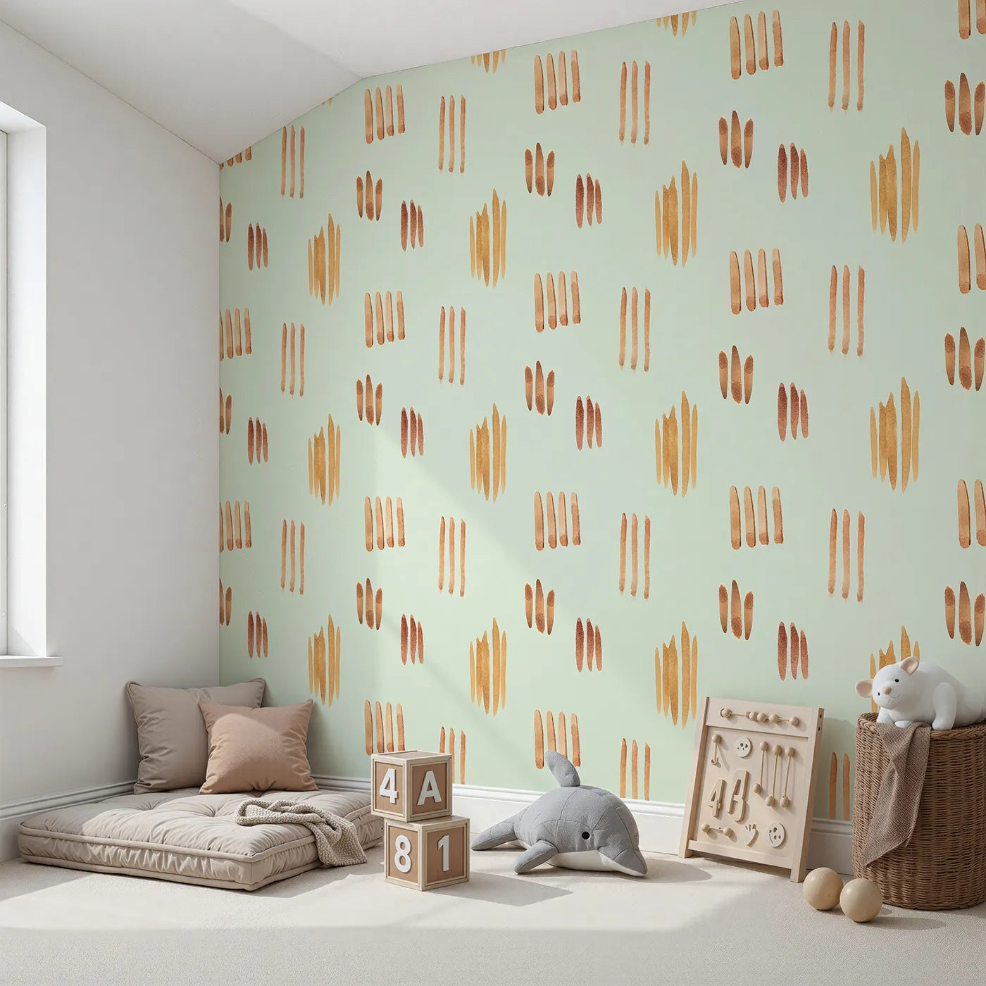 Angled view of Whimsy Tots' Painted Simplicity Wallpaper in Mint Green (W3374D).Golden brushstrokes dance across a soft minty breeze.