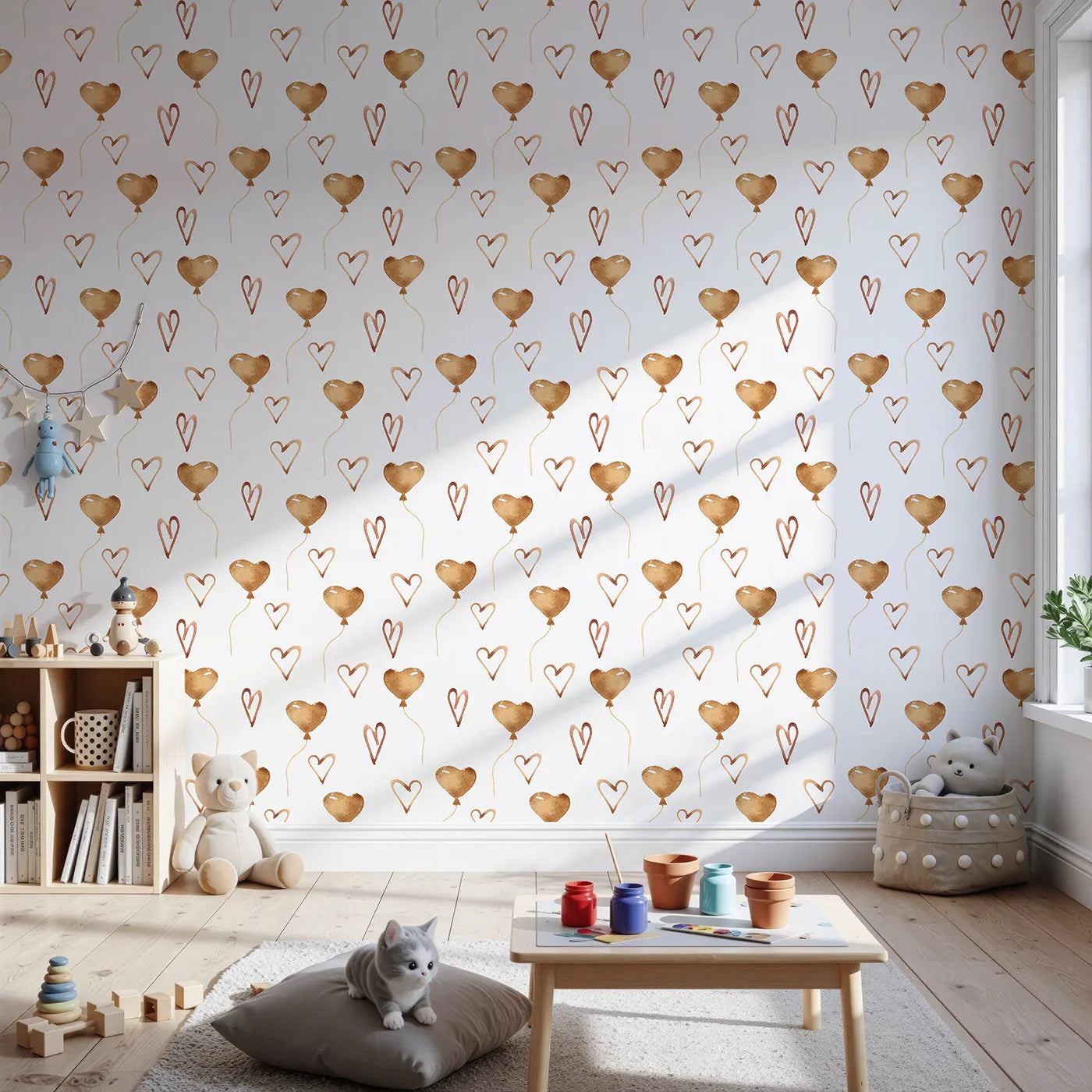 Front view of Whimsy Tots' Heartfelt Balloons Wallpaper in White