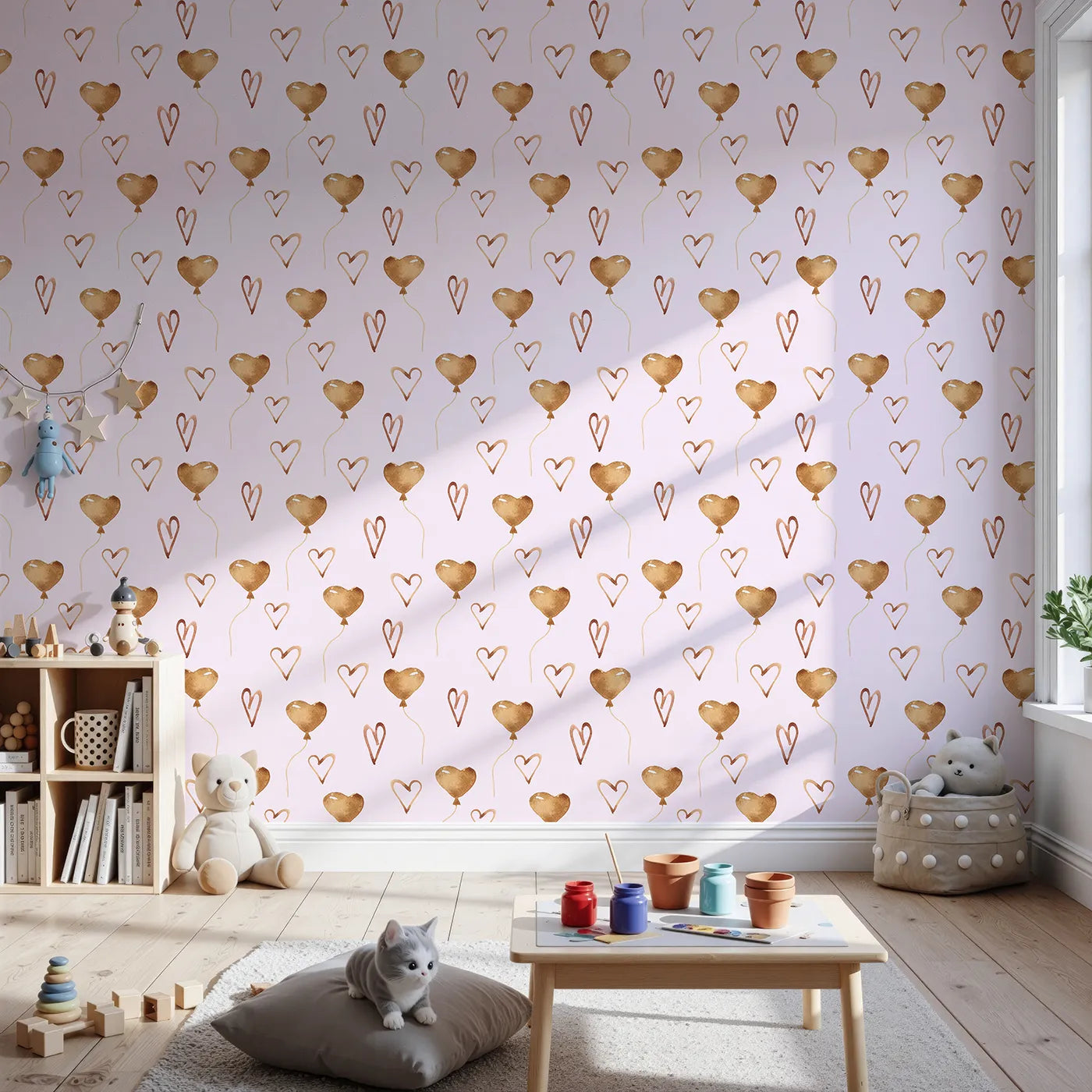 Front view of Whimsy Tots' Heartfelt Balloons Wallpaper in Pink