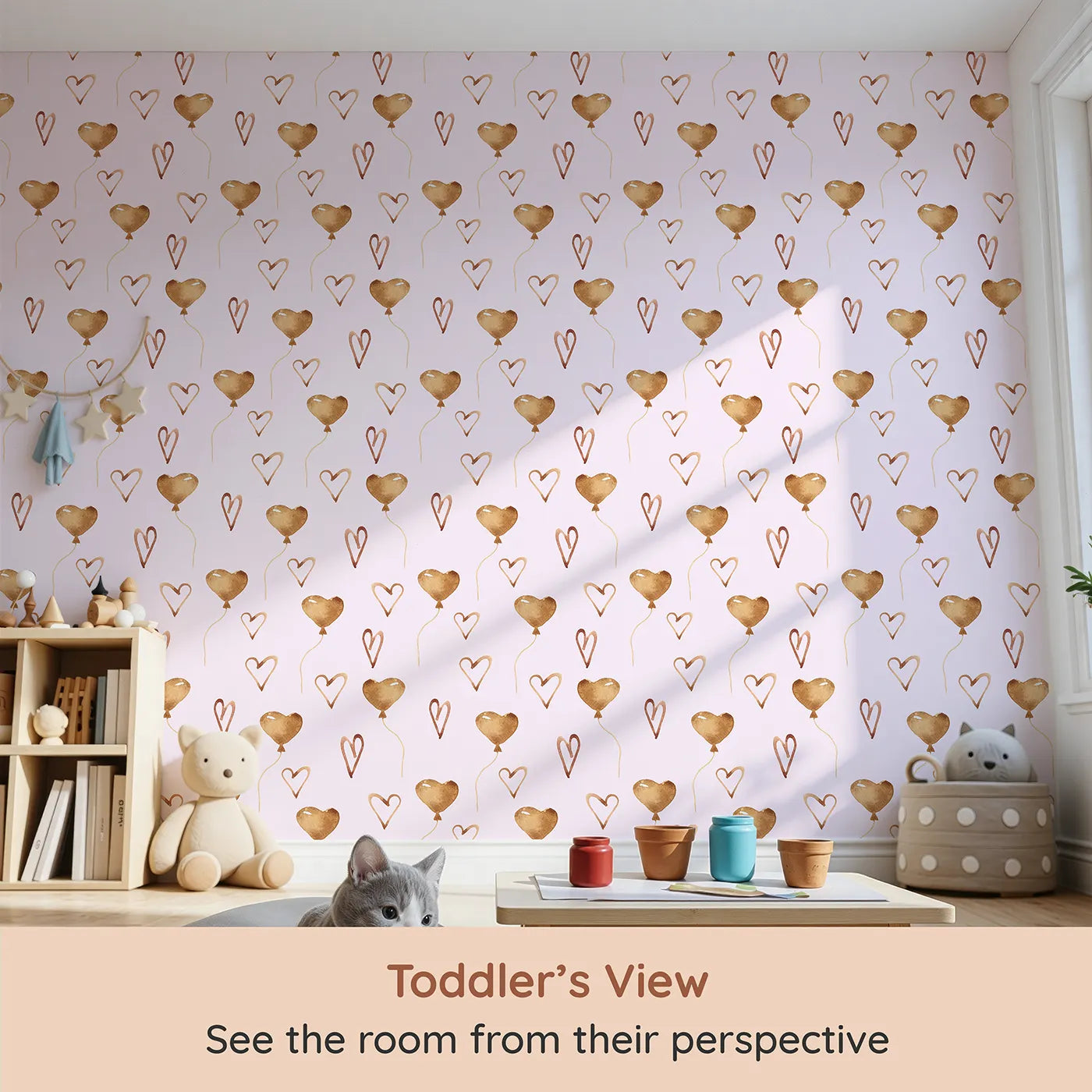 Whimsy Tots Heartfelt Balloons Wallpaper in Pink (W3375B) from your child's view.Watercolor heart balloons drift gently on a soft pink breeze.