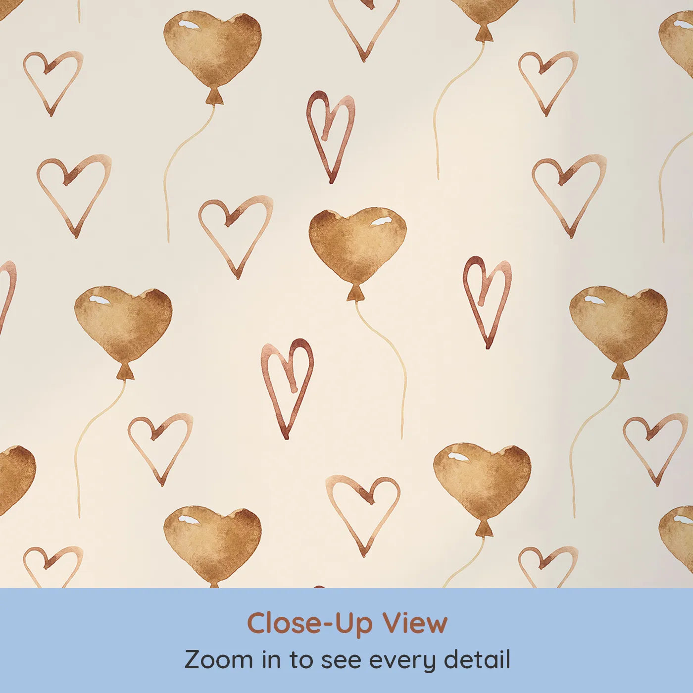 Close-up view of Whimsy Tots' Heartfelt Balloons Wallpaper in Cream (W3375C).Soft watercolor hearts drift gently across a warm cream sky.