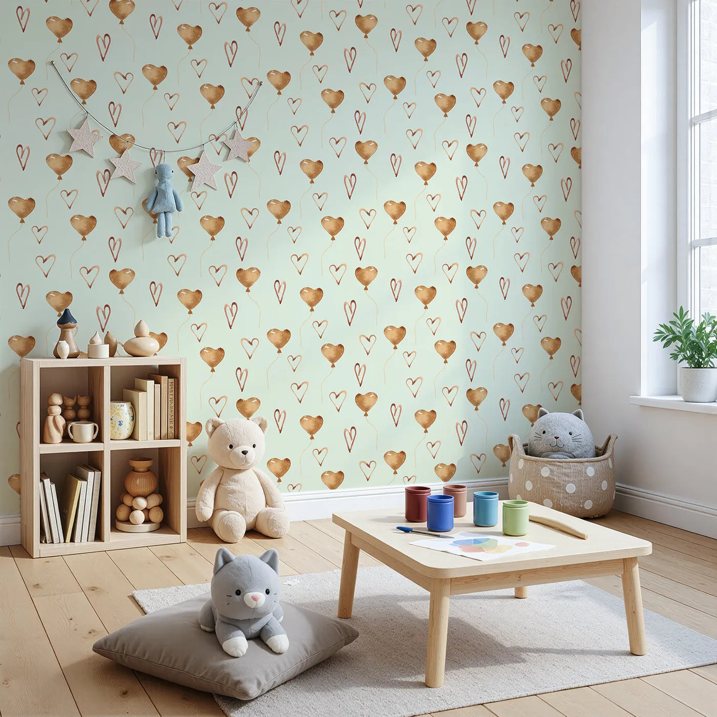 Angled view of Whimsy Tots' Heartfelt Balloons Wallpaper in Mint Green (W3375D).Heart balloons and playful sketches float on a soft mint green breeze.