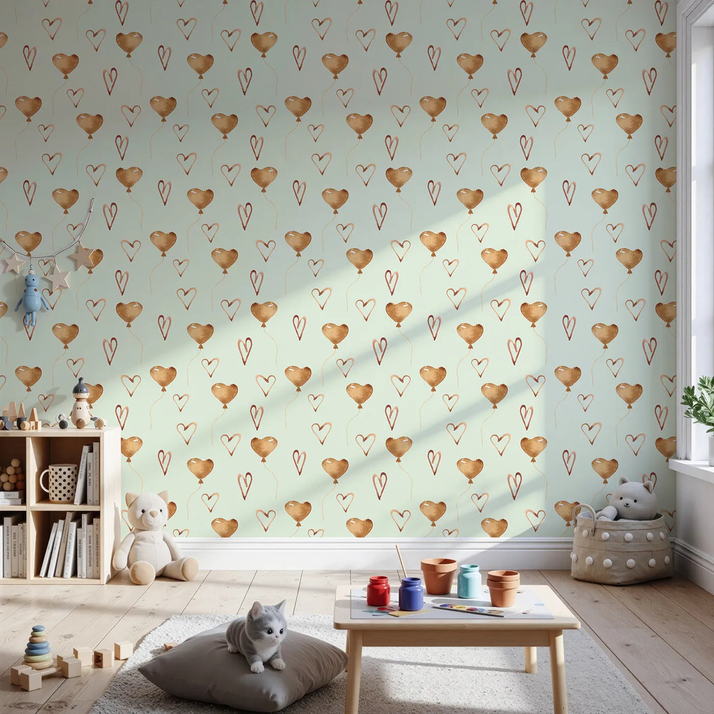 Front view of Whimsy Tots' Heartfelt Balloons Wallpaper in Mint Green