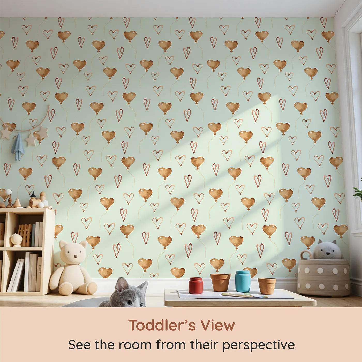 Whimsy Tots Heartfelt Balloons Wallpaper in Mint Green (W3375D) from your child's view.Heart balloons and playful sketches float on a soft mint green breeze.