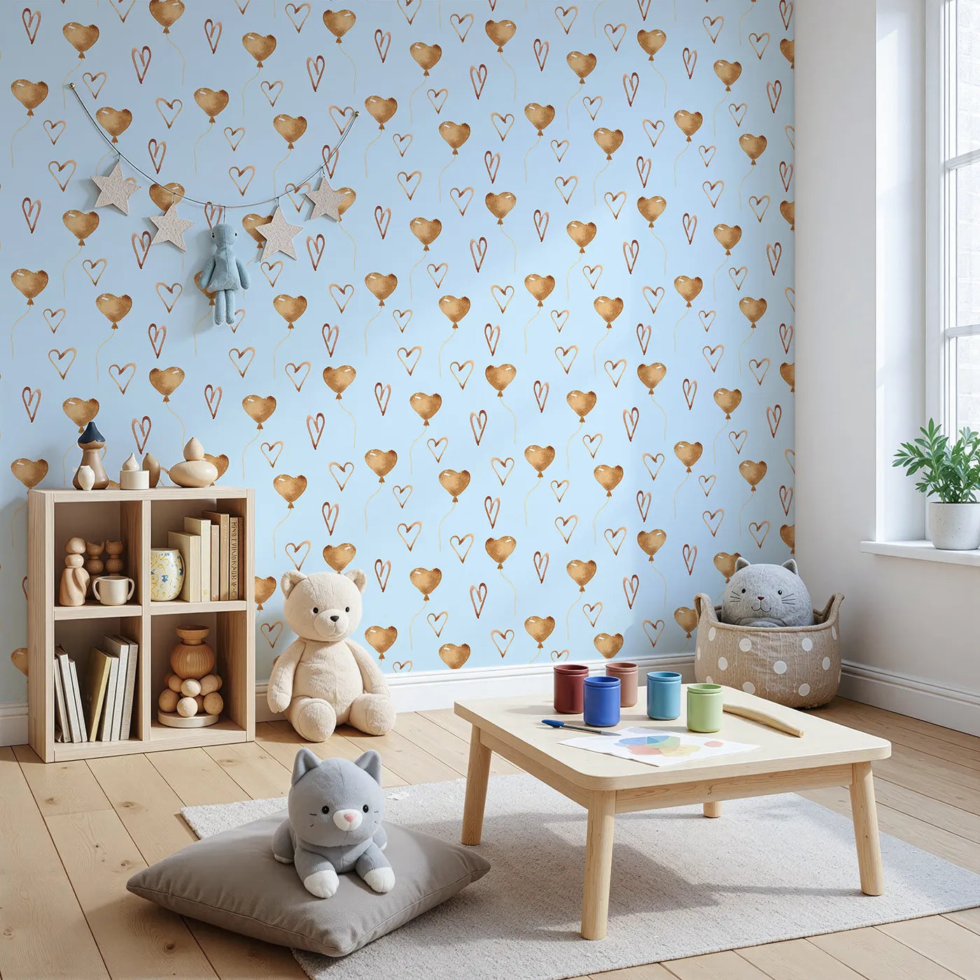 Angled view of Whimsy Tots' Heartfelt Balloons Wallpaper in Sky (W3375E).Heart balloons rise softly across a peaceful sky blue background.