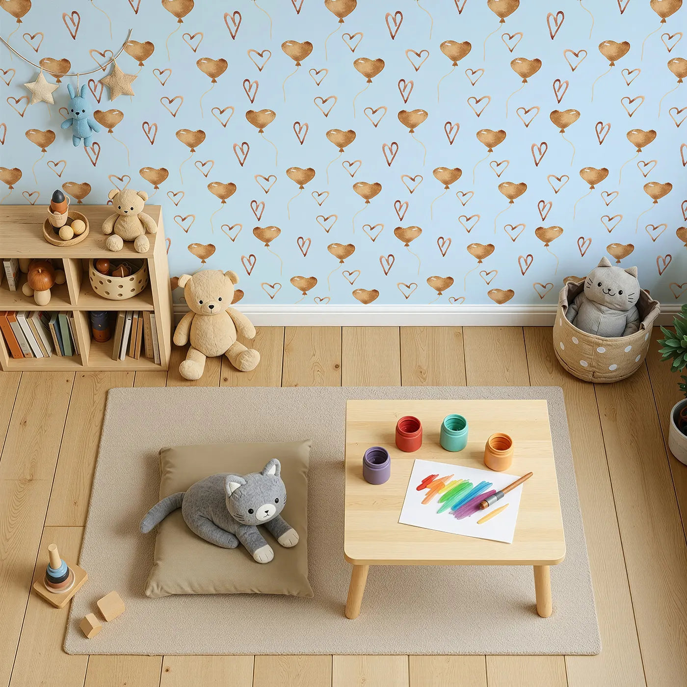 Top-Down view of Whimsy Tots' Heartfelt Balloons Wallpaper in Sky (W3375E).Heart balloons rise softly across a peaceful sky blue background.