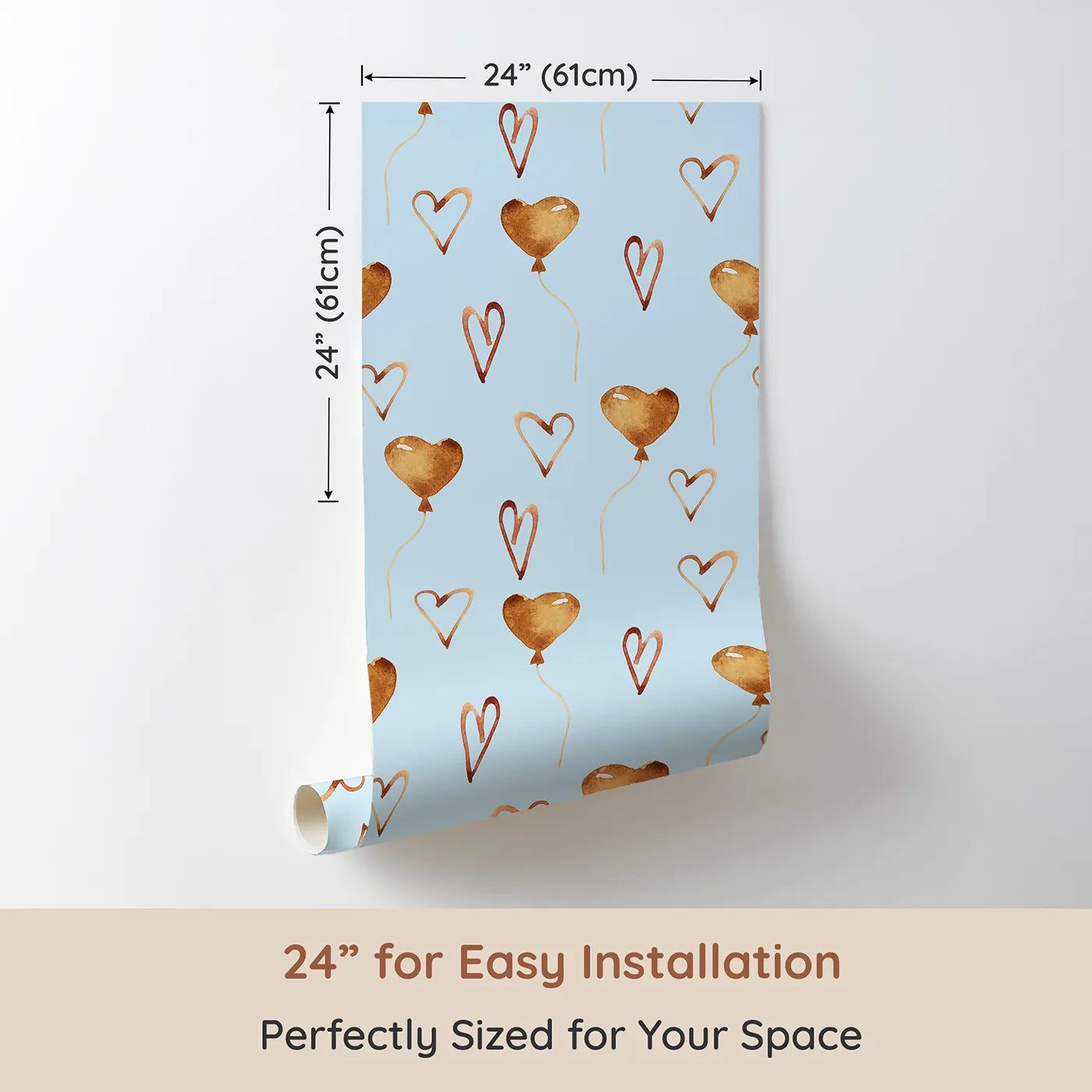 Dimension view of Whimsy Tots Heartfelt Balloons Wallpaper in Sky (W3375E). Printed in 24-inch-wide panel for easy installation. Heart balloons rise softly across a peaceful sky blue background.