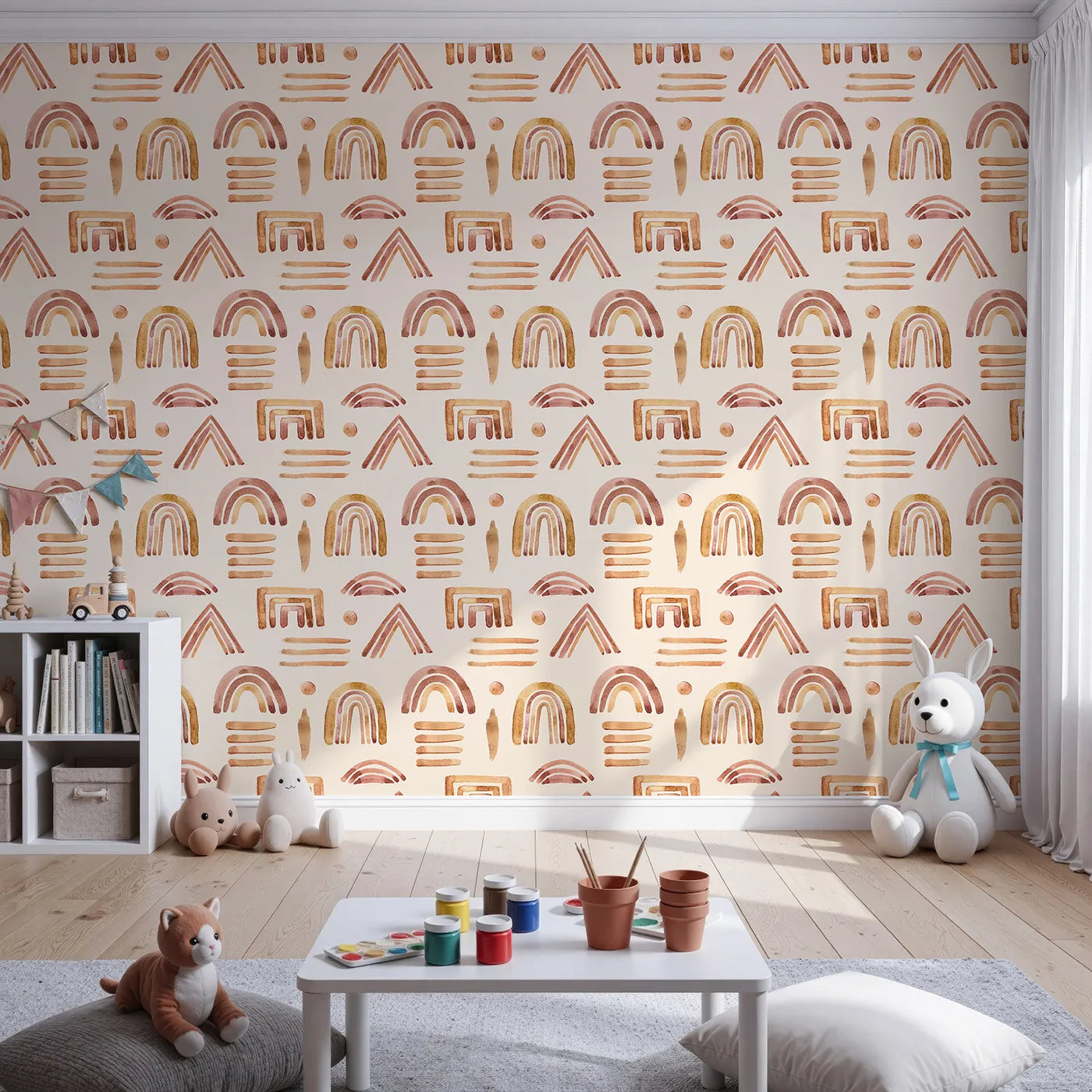 Front view of Whimsy Tots' Sun-Drenched Shapes Wallpaper in Blush Pink