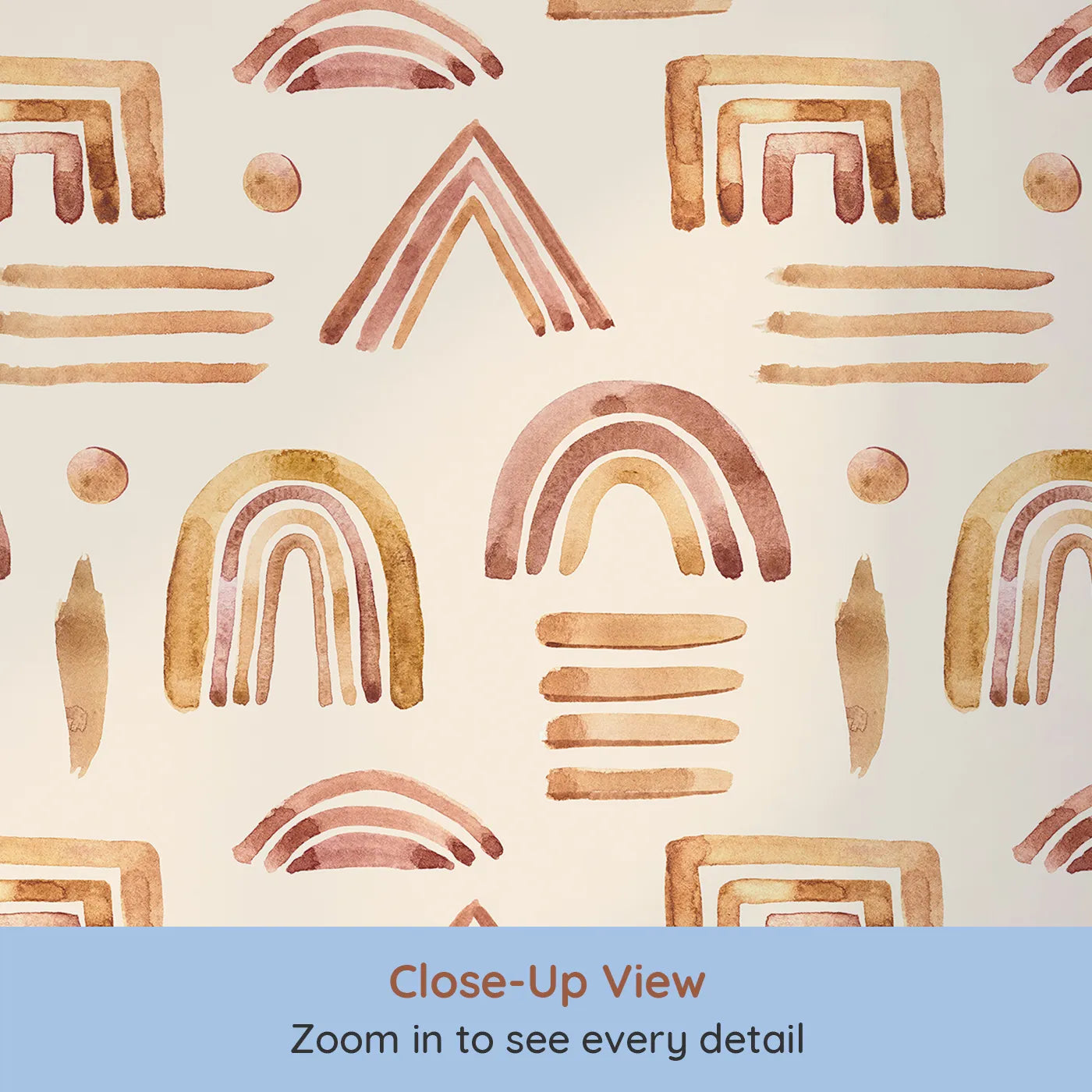 Close-up view of Whimsy Tots' Sun-Drenched Shapes Wallpaper in Blush Pink (W3376C).Blushy brushstrokes and earthy rainbows spark joy in every corner.