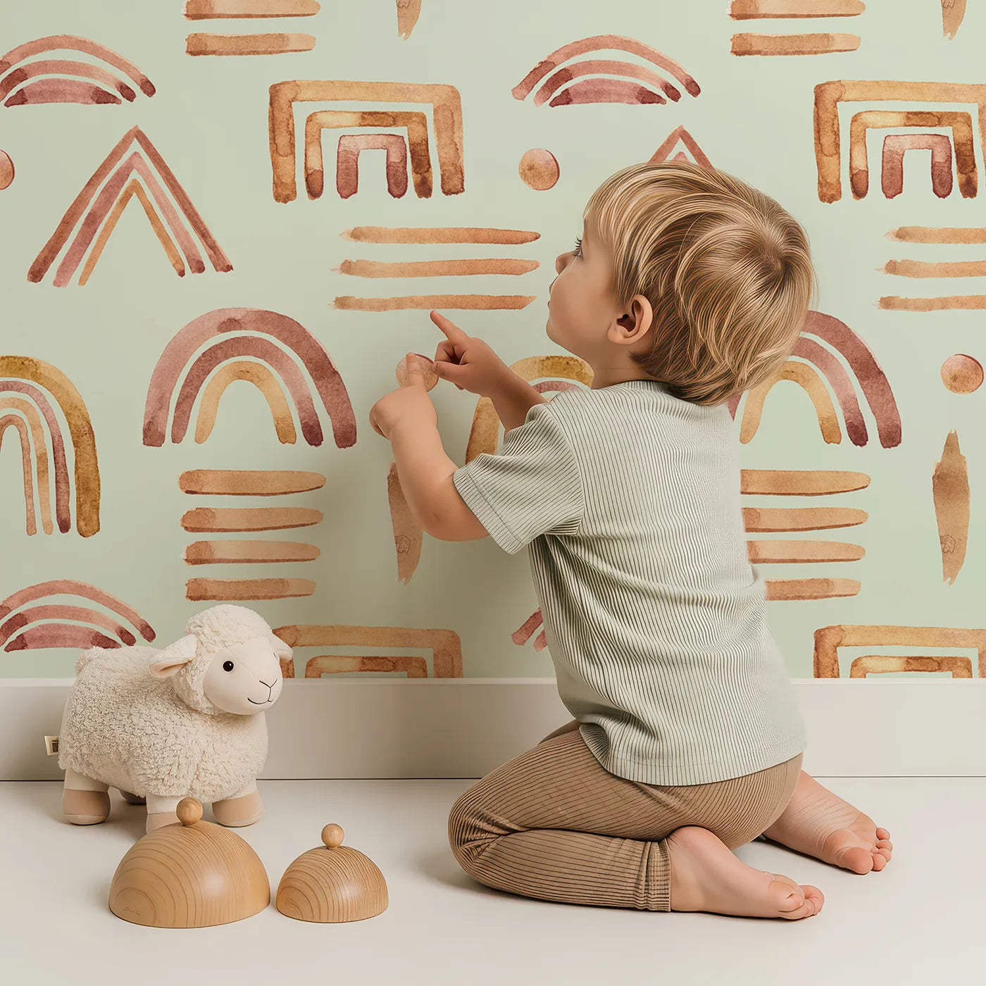 Lovely child standing in front of Whimsy Tots Sun-Drenched Shapes Wallpaper in Mint Green with rainbow, shape, brushstroke, line, dot in design.