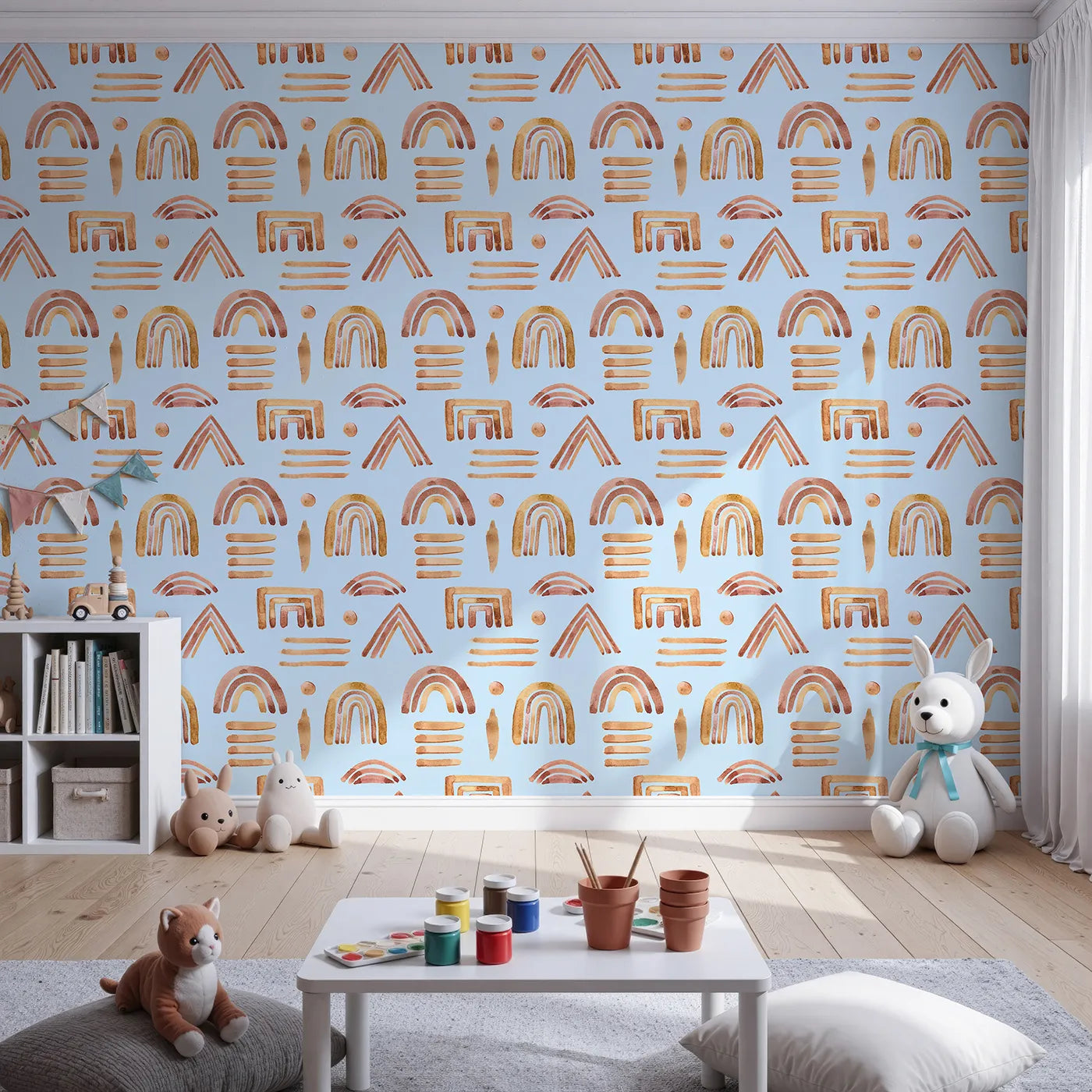 Front view of Whimsy Tots' Sun-Drenched Shapes Wallpaper in Sky