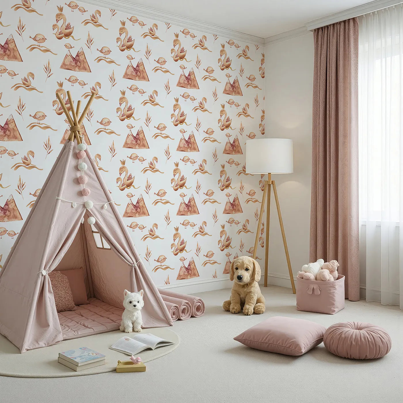 Angled view of Whimsy Tots' Feathered Serenity Wallpaper in White (W3377A).Sweet swans and sleepy birds float softly on a calm white sky.