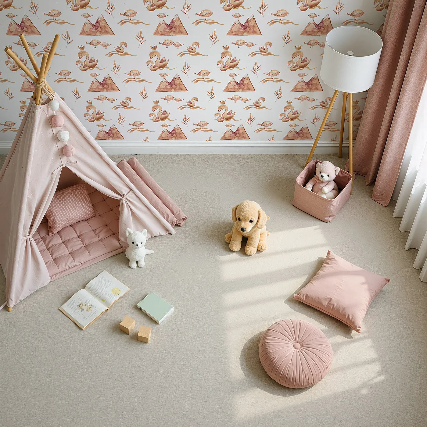 Top-Down view of Whimsy Tots' Feathered Serenity Wallpaper in White (W3377A).Sweet swans and sleepy birds float softly on a calm white sky.