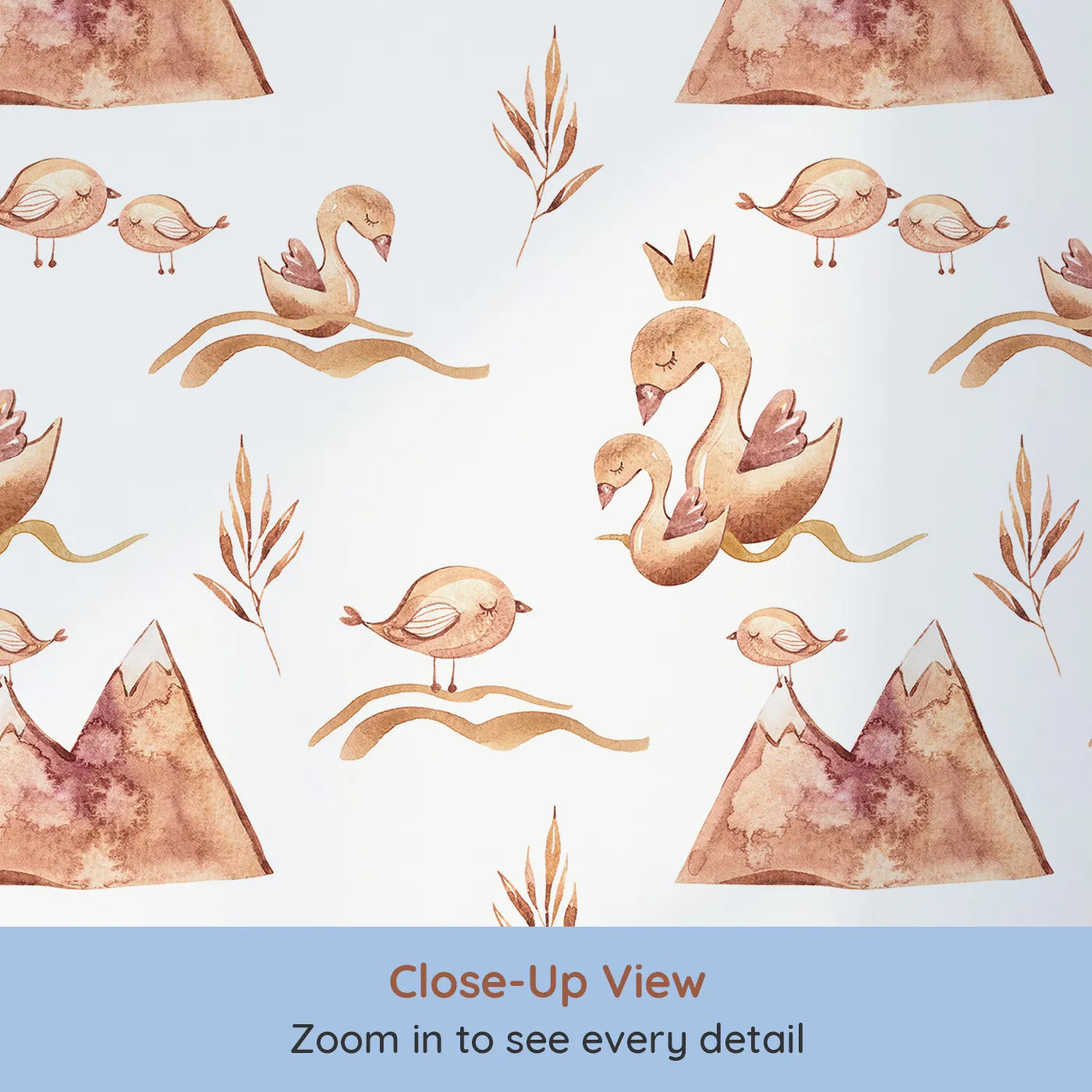 Close-up view of Whimsy Tots' Feathered Serenity Wallpaper in White (W3377A).Sweet swans and sleepy birds float softly on a calm white sky.