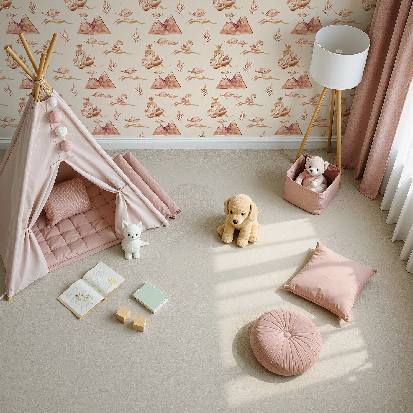 Top-Down view of Whimsy Tots' Feathered Serenity Wallpaper in Cream (W3377C).Golden birds and crowned swans float softly on a creamy dream.