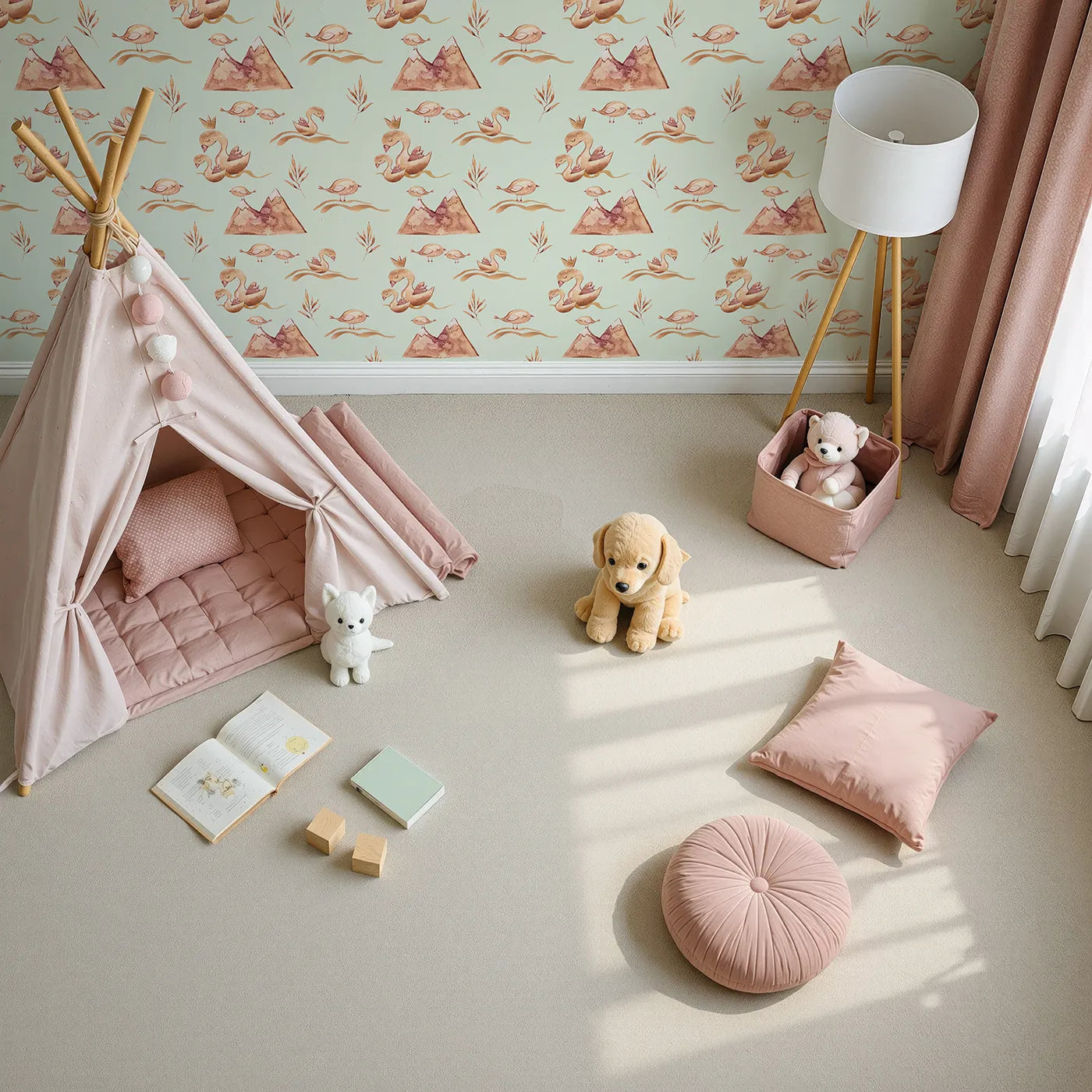 Top-Down view of Whimsy Tots' Feathered Serenity Wallpaper in Mint (W3377D).Swans and birds float gently on a soft mint sky.