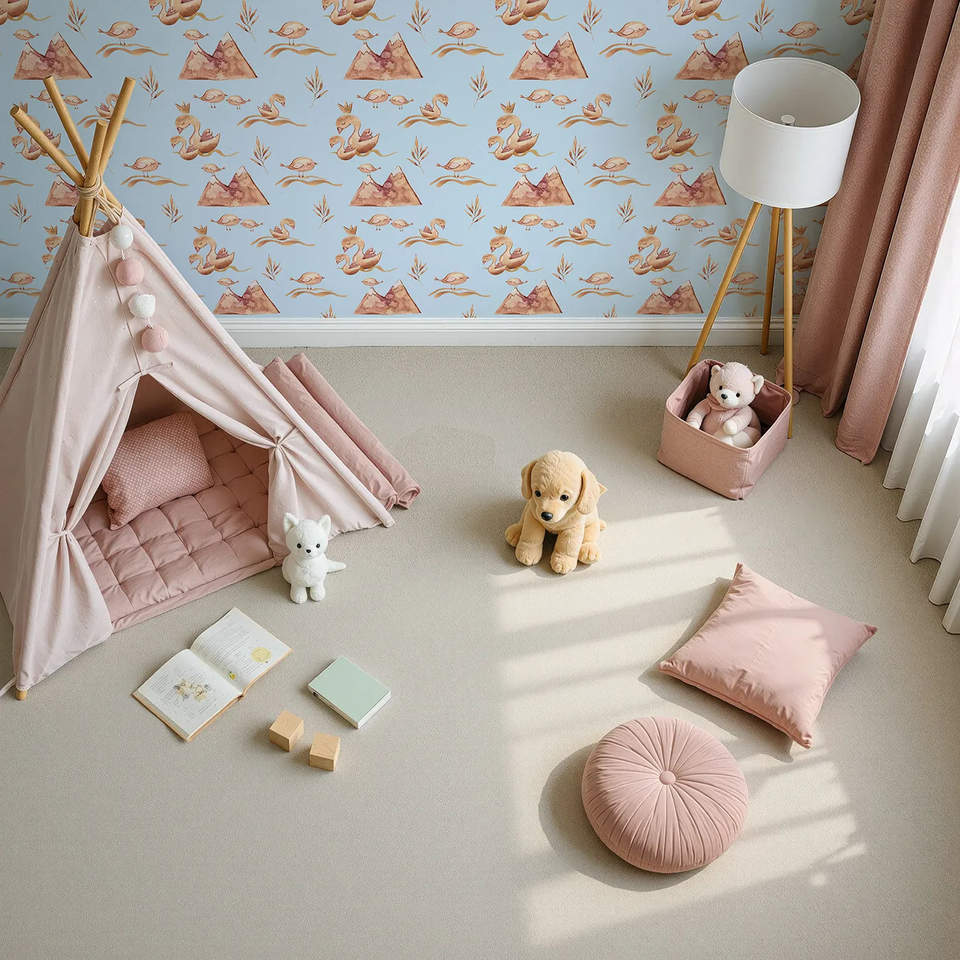 Top-Down view of Whimsy Tots' Feathered Serenity Wallpaper in Sky (W3377E).Sleepy birds and crowned swans drift calmly across a soft sky-blue dream.