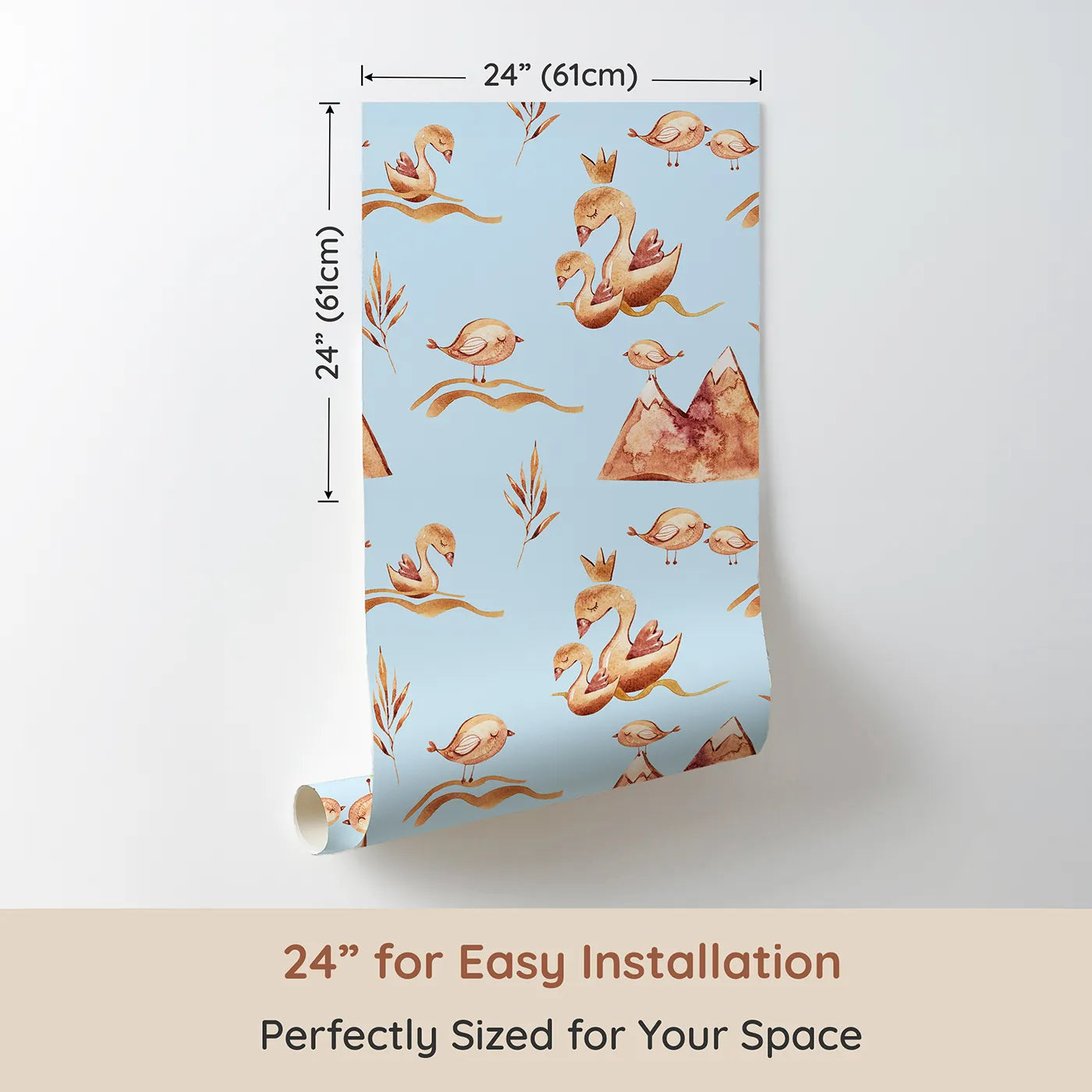Dimension view of Whimsy Tots Feathered Serenity Wallpaper in Sky (W3377E). Printed in 24-inch-wide panel for easy installation. Sleepy birds and crowned swans drift calmly across a soft sky-blue dream.