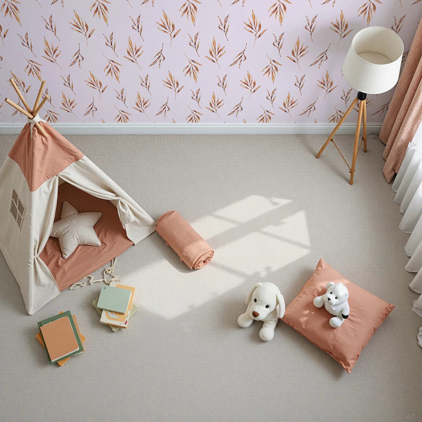 Top-Down view of Whimsy Tots' Rustle and Grace Wallpaper in Blush Pink (W3378B).Watercolor branches flutter gently on a warm blush breeze.