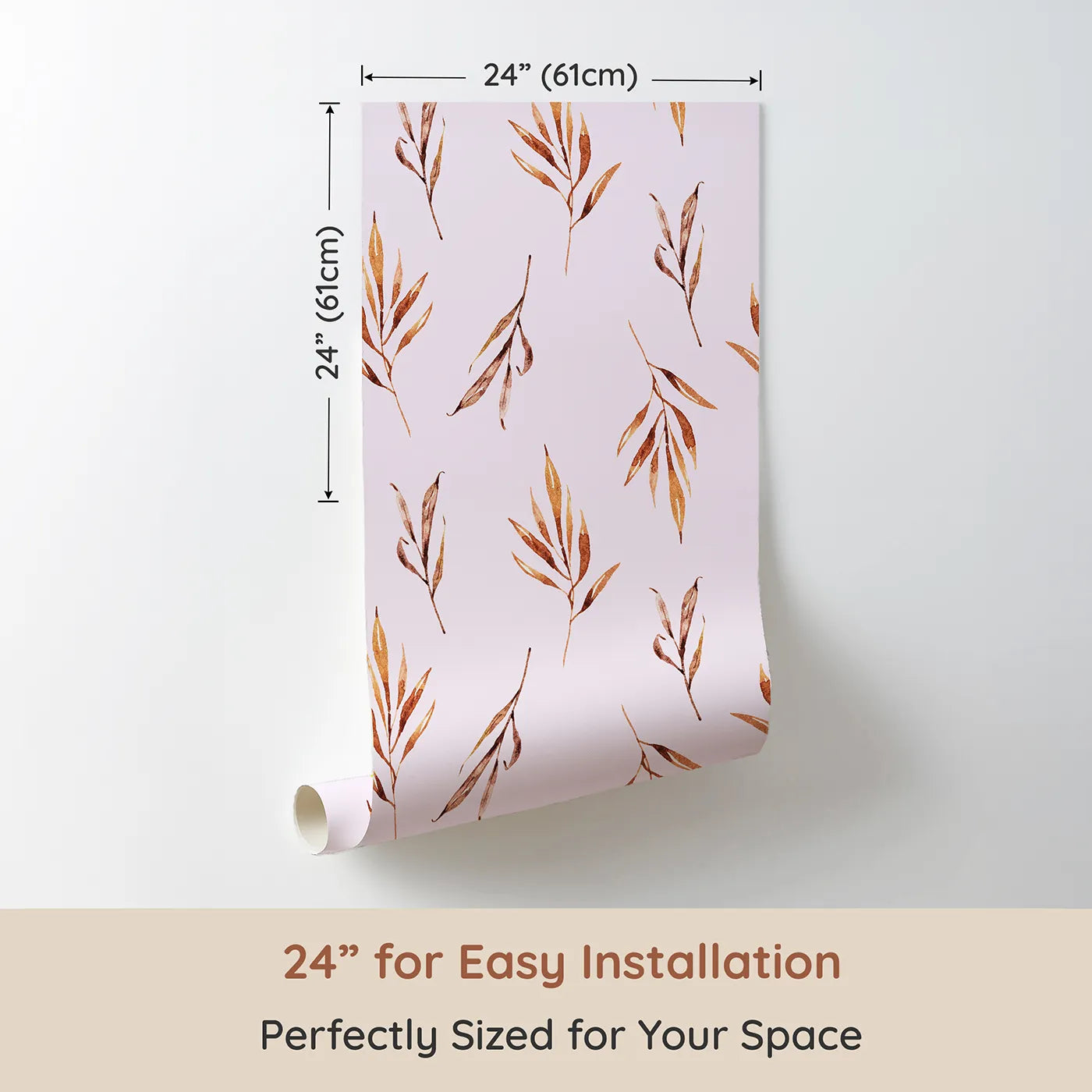 Dimension view of Whimsy Tots Rustle and Grace Wallpaper in Blush Pink (W3378B). Printed in 24-inch-wide panel for easy installation. Watercolor branches flutter gently on a warm blush breeze.