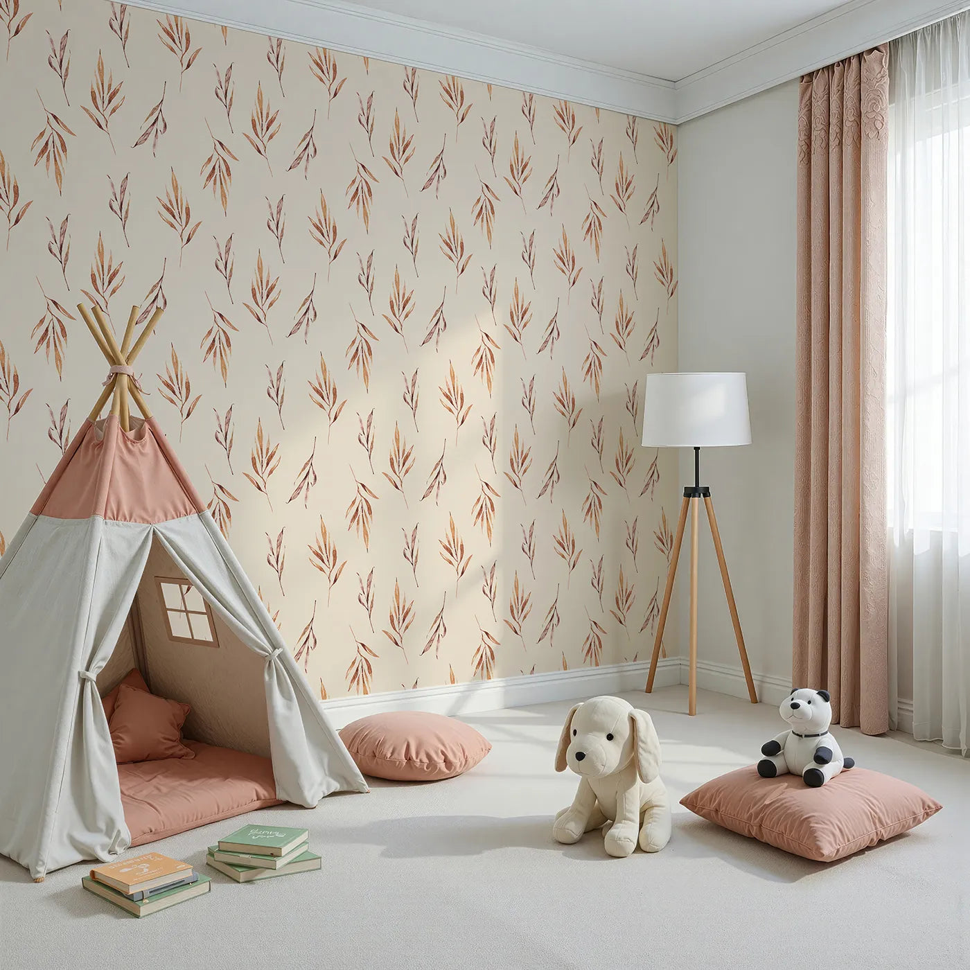 Angled view of Whimsy Tots' Rustle and Grace Wallpaper in Cream (W3378C).Gentle branches drift across a creamy canvas of comfort.