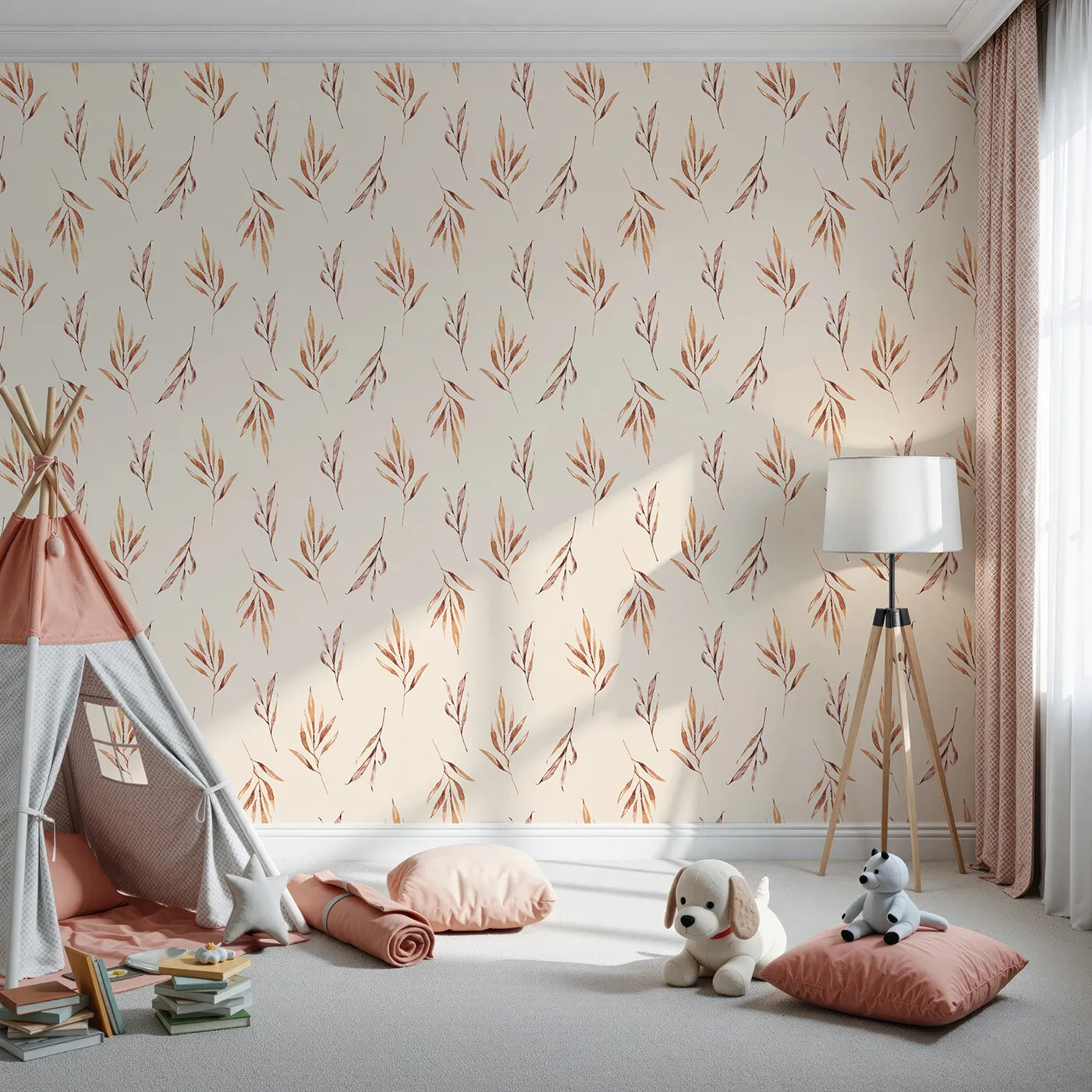 Front view of Whimsy Tots' Rustle and Grace Wallpaper in Cream
