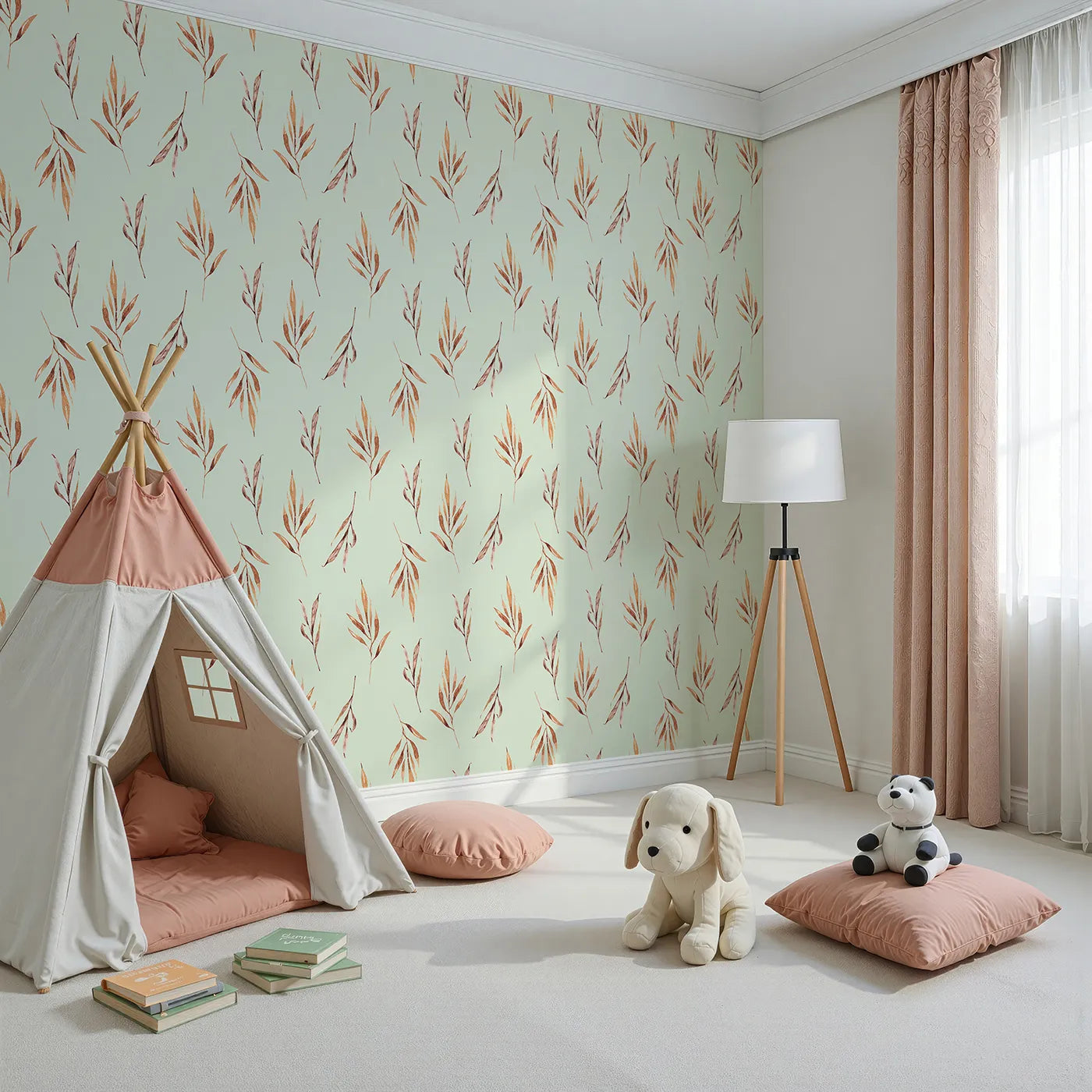 Angled view of Whimsy Tots' Rustle and Grace Wallpaper in Mint Green (W3378D).Watercolor leaves float softly across a cool mint sky.