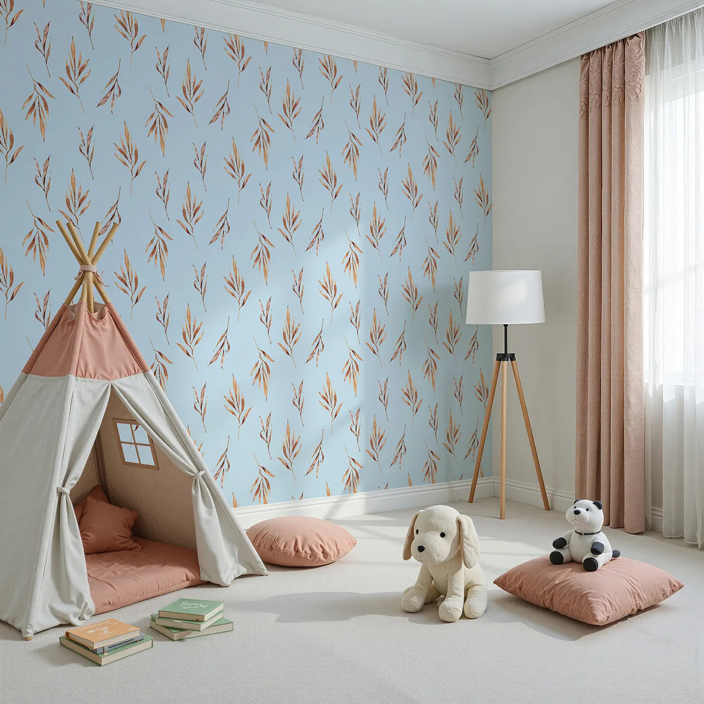 Angled view of Whimsy Tots' Rustle and Grace Wallpaper in Sky (W3378E).Golden leaves drift gently across a light blue breeze.
