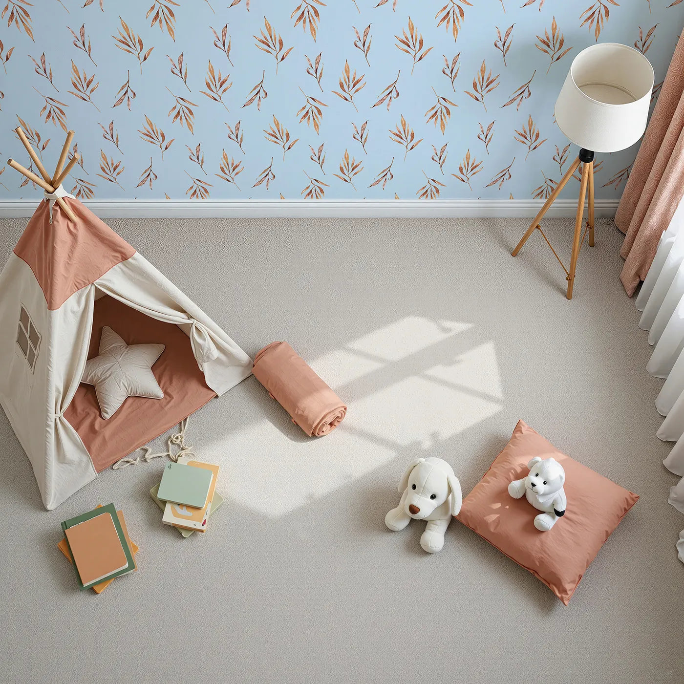Top-Down view of Whimsy Tots' Rustle and Grace Wallpaper in Sky (W3378E).Golden leaves drift gently across a light blue breeze.