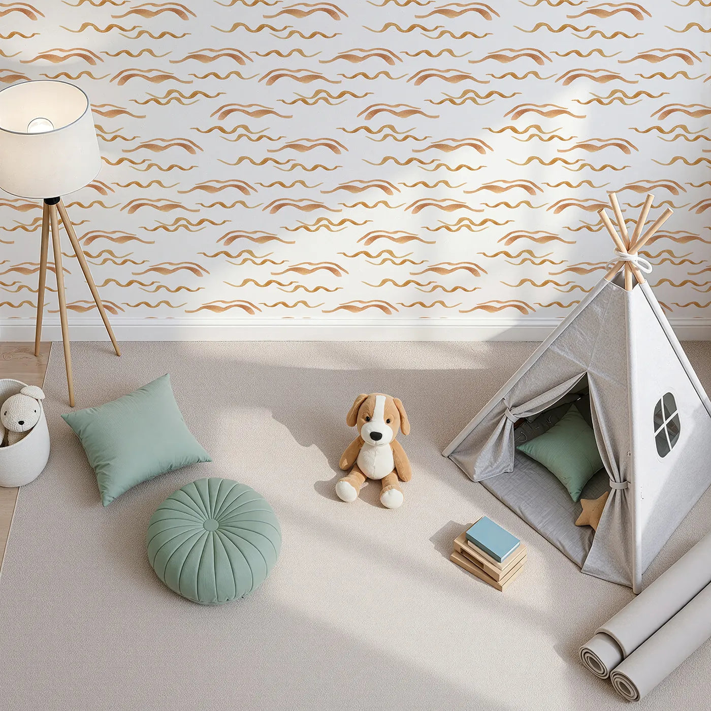 Top-Down view of Whimsy Tots' Soft Wave Rhythm Wallpaper in White (W3379A).Hand-painted waves ripple softly across a clean white sky.