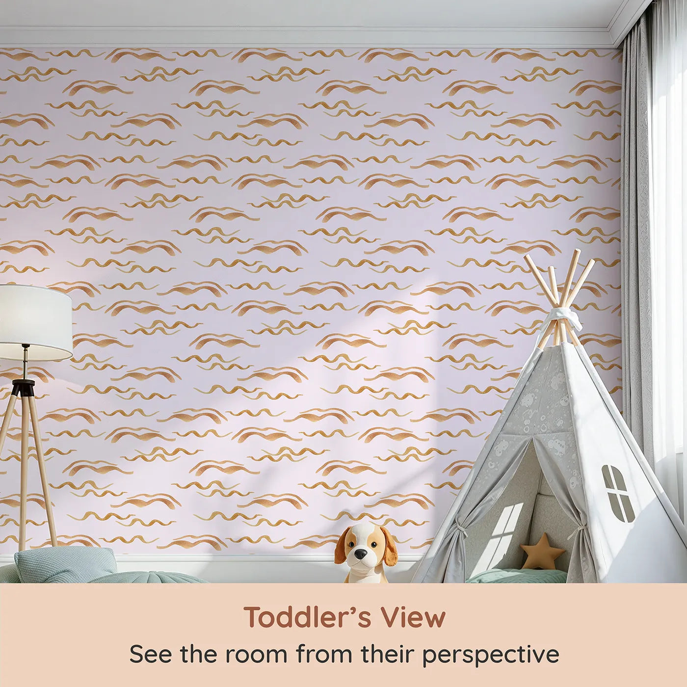 Whimsy Tots Soft Wave Rhythm Wallpaper in Blush Pink (W3379B) from your child's view.Earth-toned waves ripple softly on a gentle blush sky.