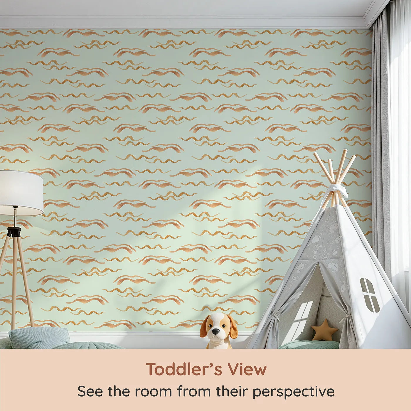 Whimsy Tots Soft Wave Rhythm Wallpaper in Mint Green (W3379D) from your child's view.Warm waves float gently on a minty green breeze.