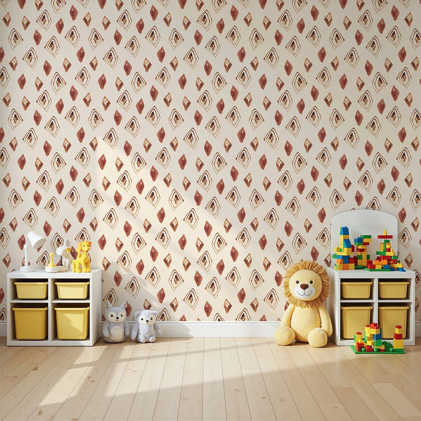 Angled view of Whimsy Tots' Terracotta Diamond Dance Wallpaper in Sand (W3381C).Rust-red diamonds and earthy lines dance on a warm sand sky.