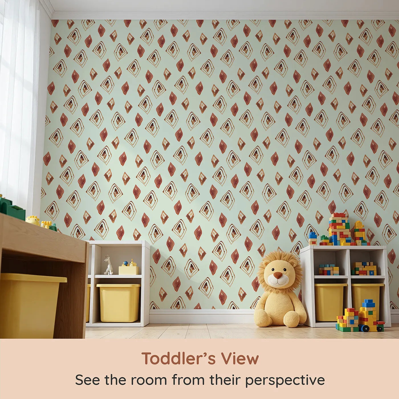 Whimsy Tots Terracotta Diamond Dance Wallpaper in Mint Green (W3381D) from your child's view.Rust-red diamonds and earthy lines dance on a breezy mint sky.