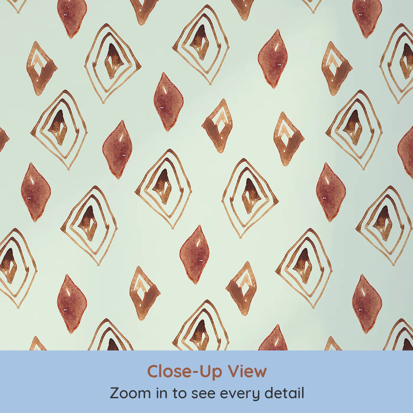 Close-up view of Whimsy Tots' Terracotta Diamond Dance Wallpaper in Mint Green (W3381D).Rust-red diamonds and earthy lines dance on a breezy mint sky.